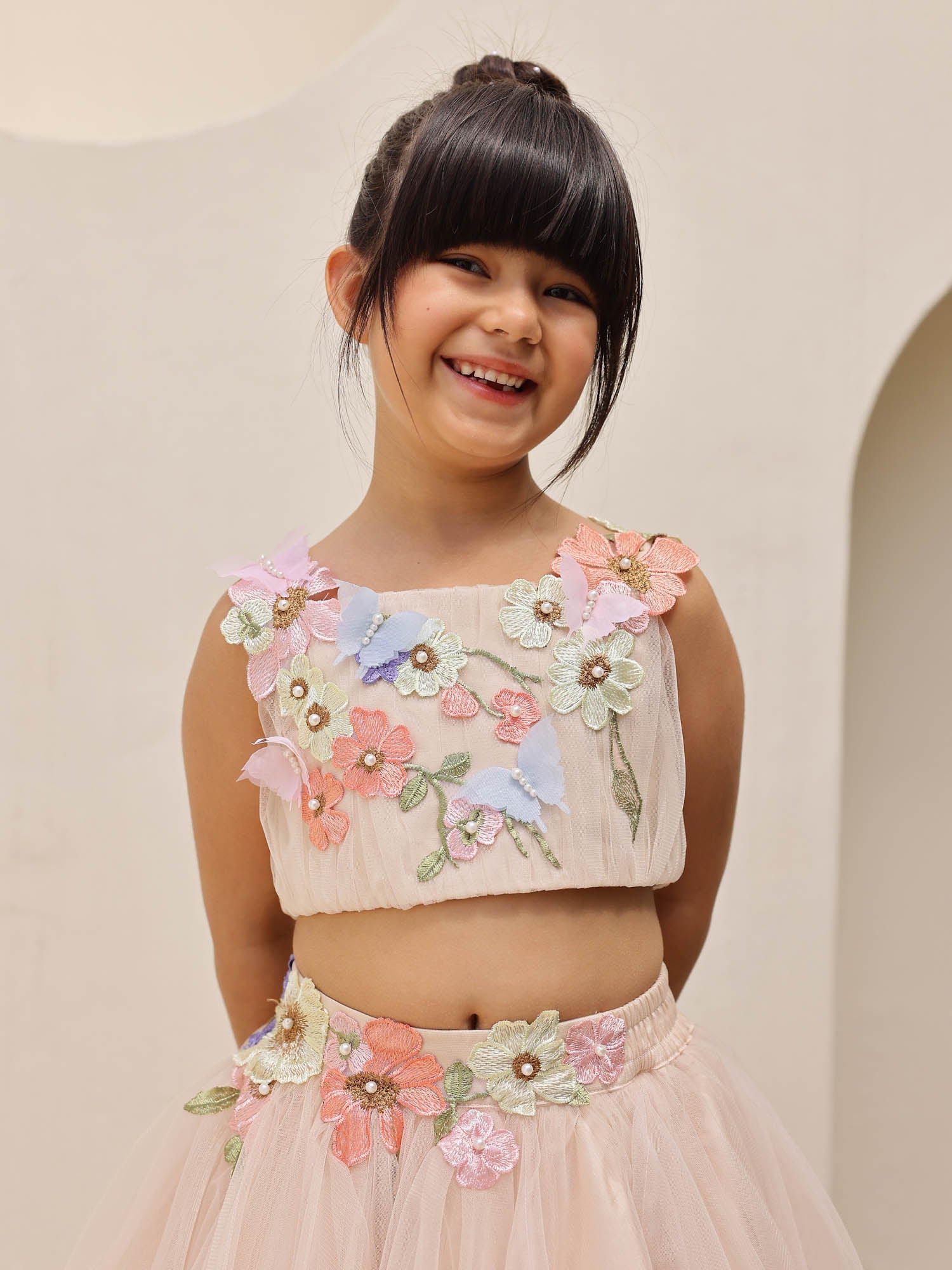 Girls Blush Pink 3D Flower Crop Top Skirt Set