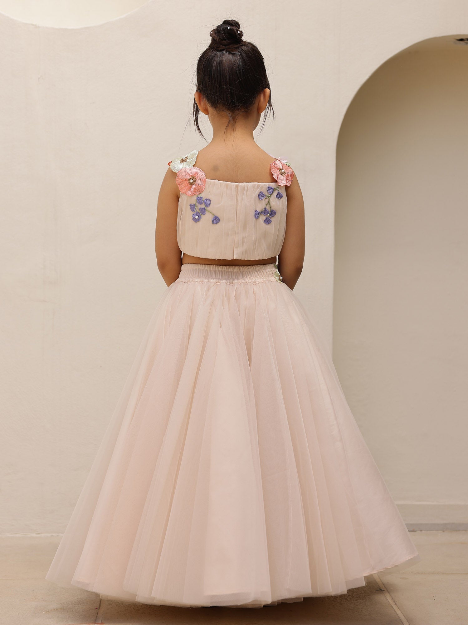 Girls Blush Pink 3D Flower Crop Top Skirt Set