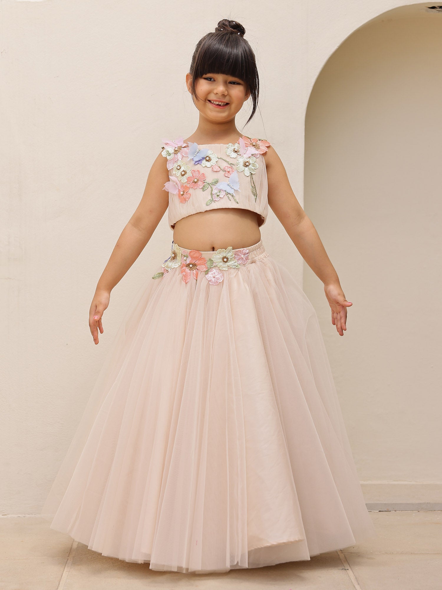 Girls Blush Pink 3D Flower Crop Top Skirt Set