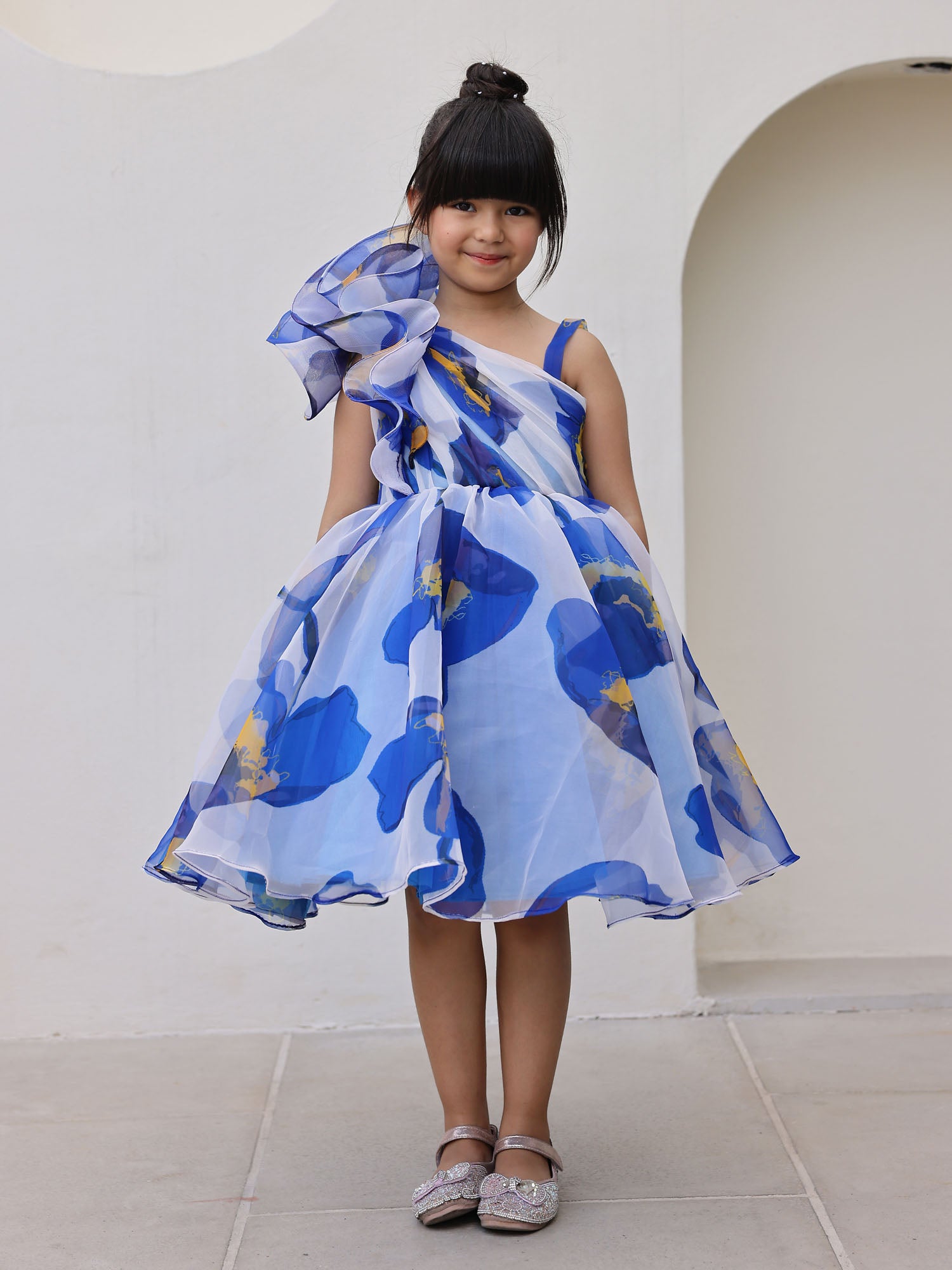 JANYAS CLOSET Royal Blue Printed One Shoulder Dress