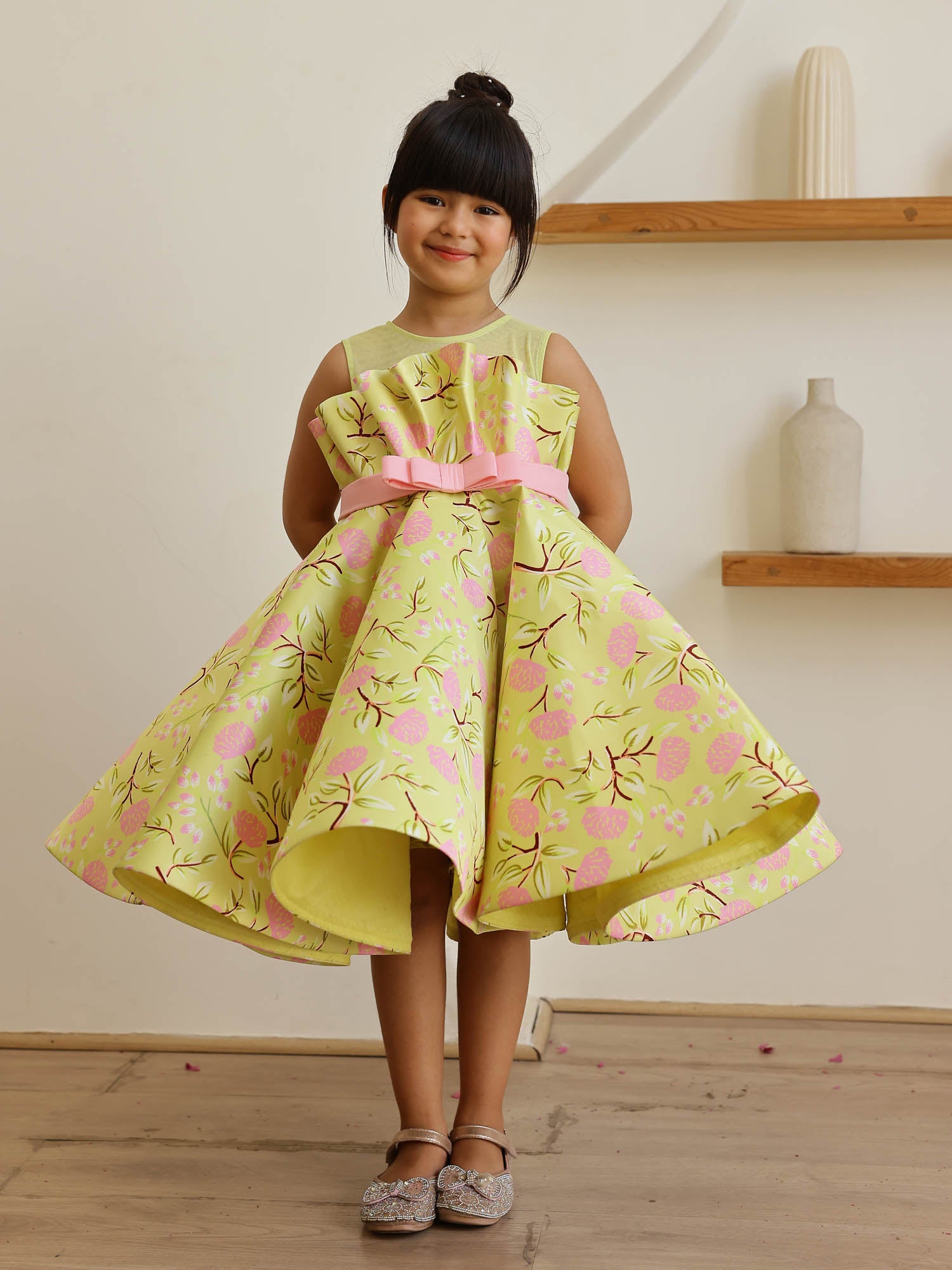 JANYAS CLOSET Green Printed Party Dress For Girls