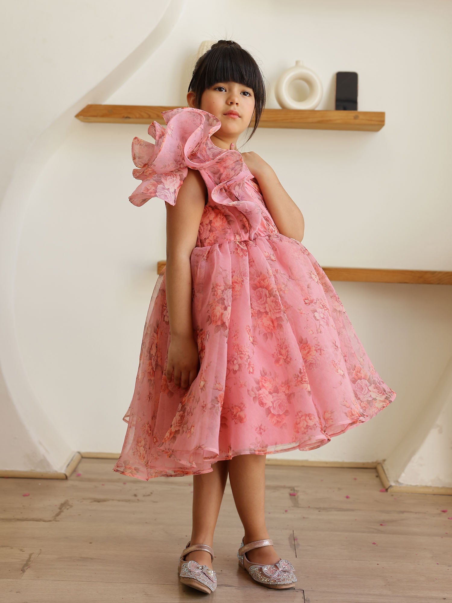 JANYAS CLOSET Mauve Pink Floral Printed One Shoulder Party Dress