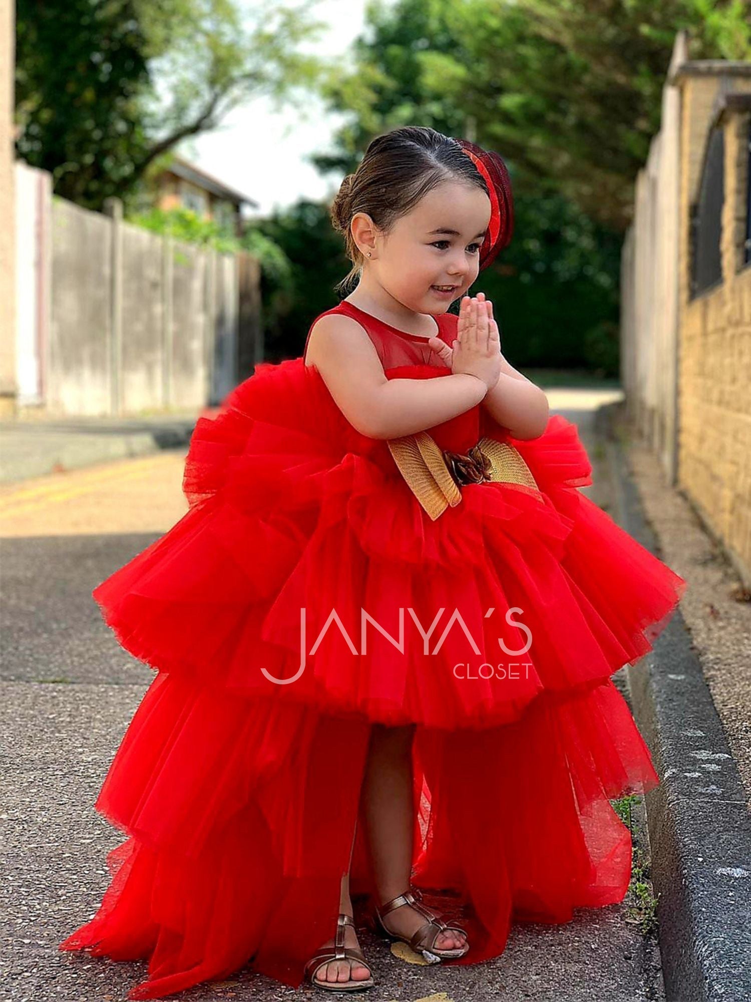 Red Ruffle High -Low Gown With Hair Accessory