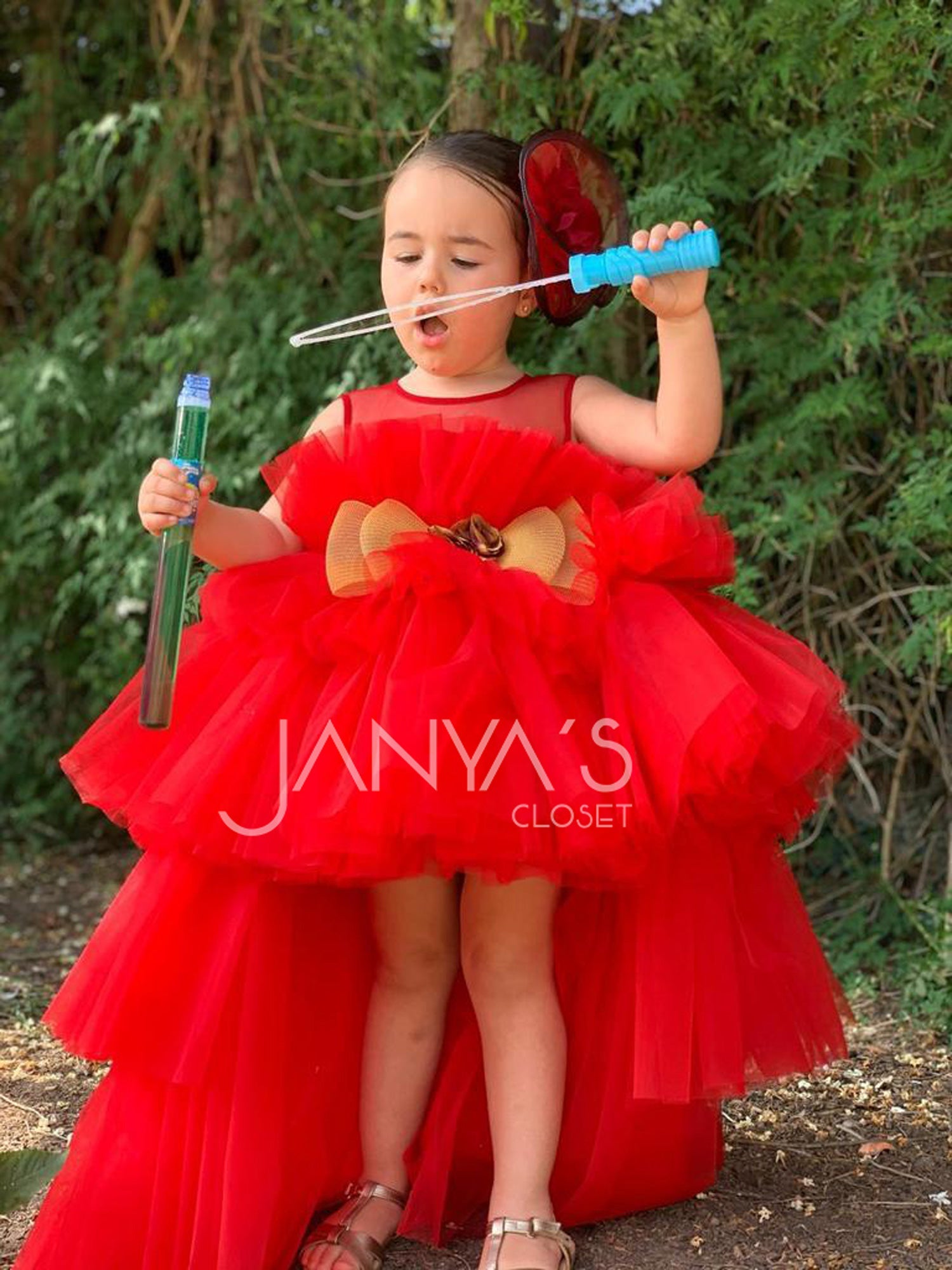 Red Ruffle High -Low Gown With Hair Accessory