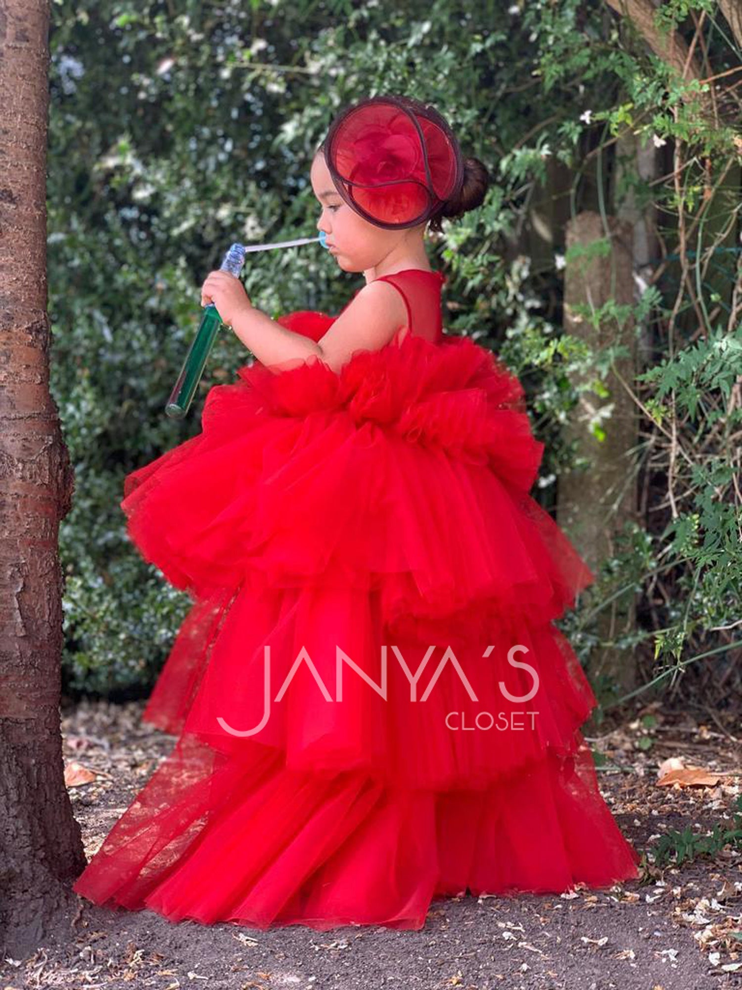 Red Ruffle High -Low Gown With Hair Accessory