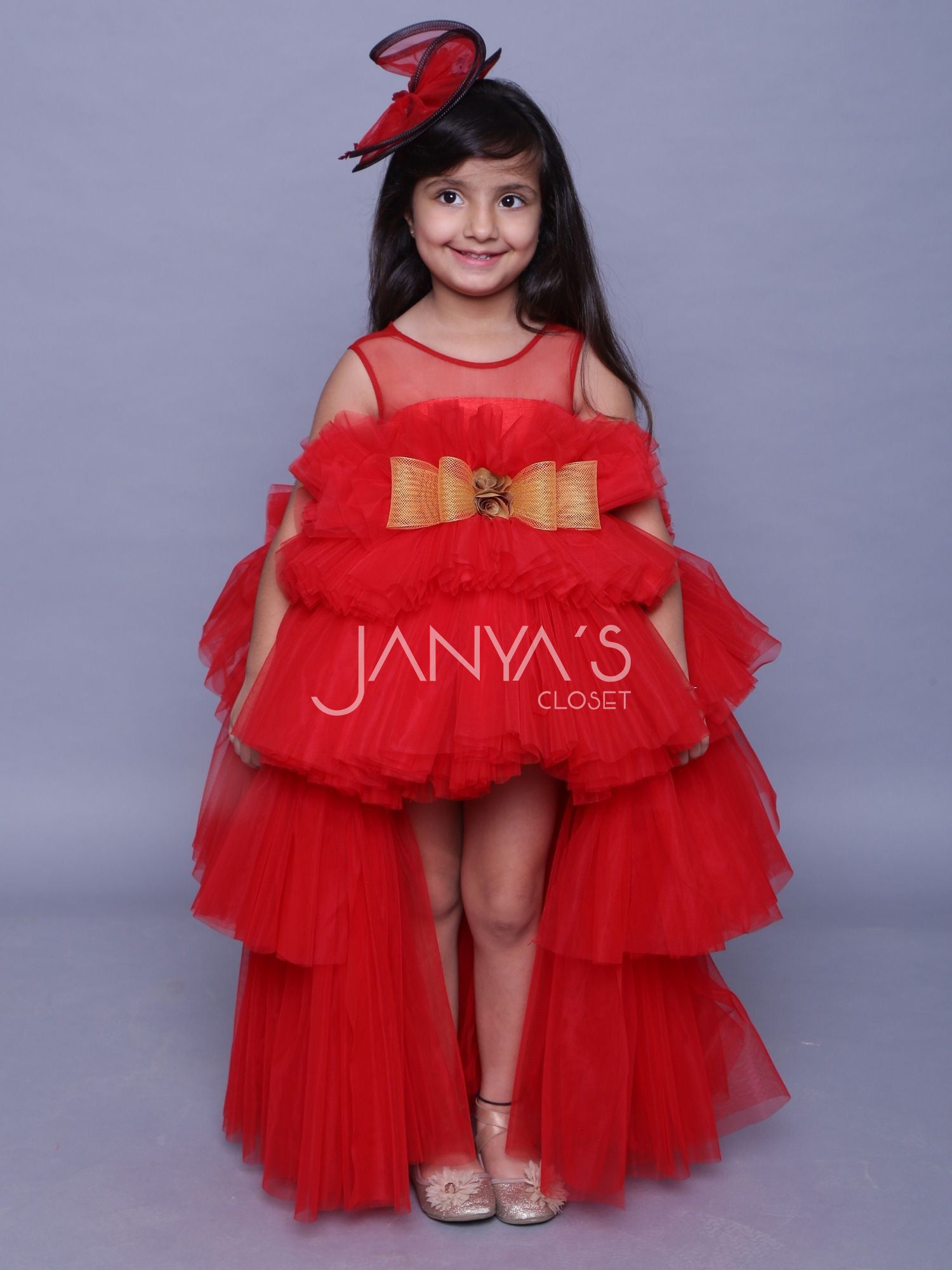 Red Ruffle High -Low Gown With Hair Accessory