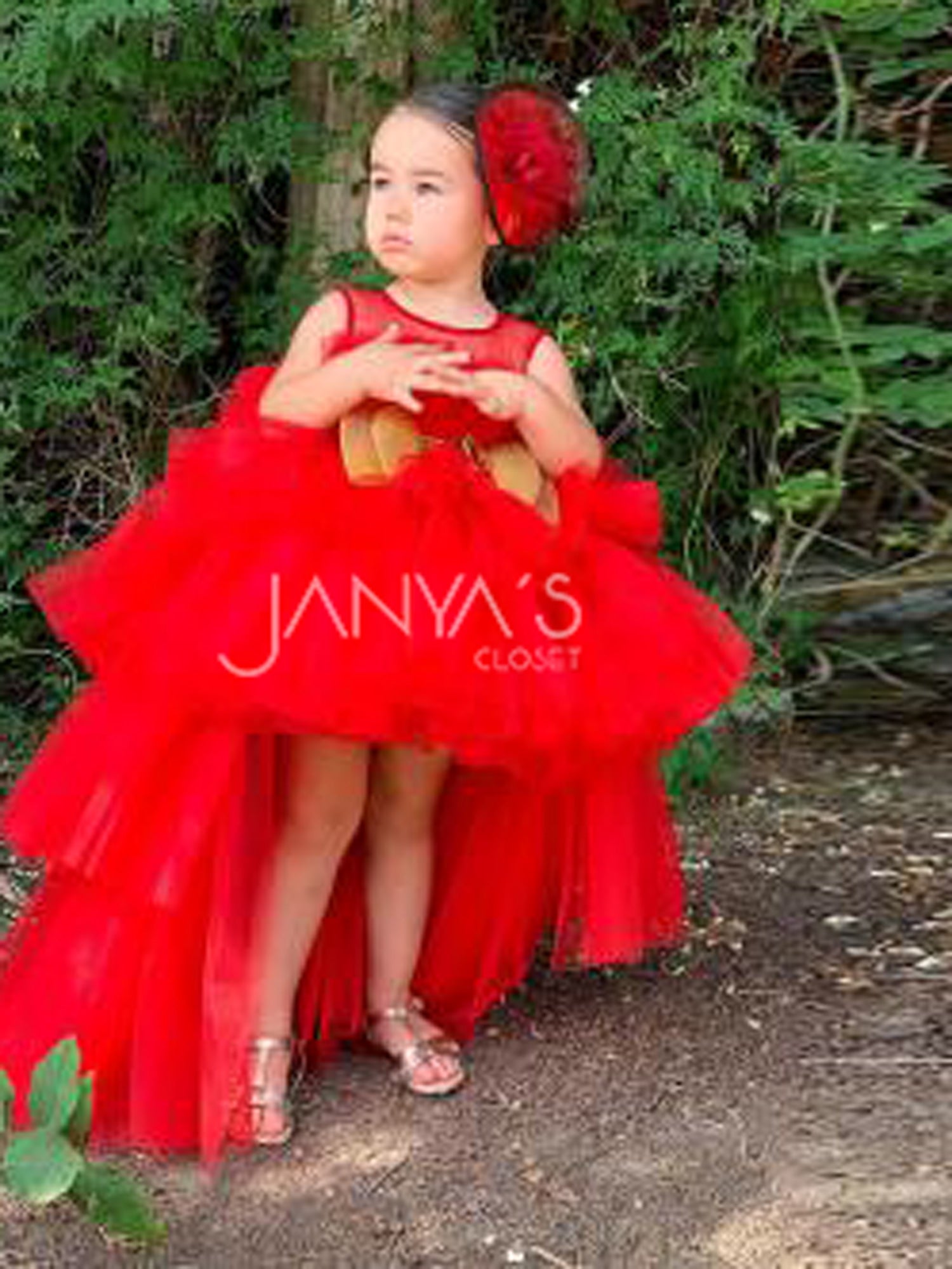 Red Ruffle High -Low Gown With Hair Accessory