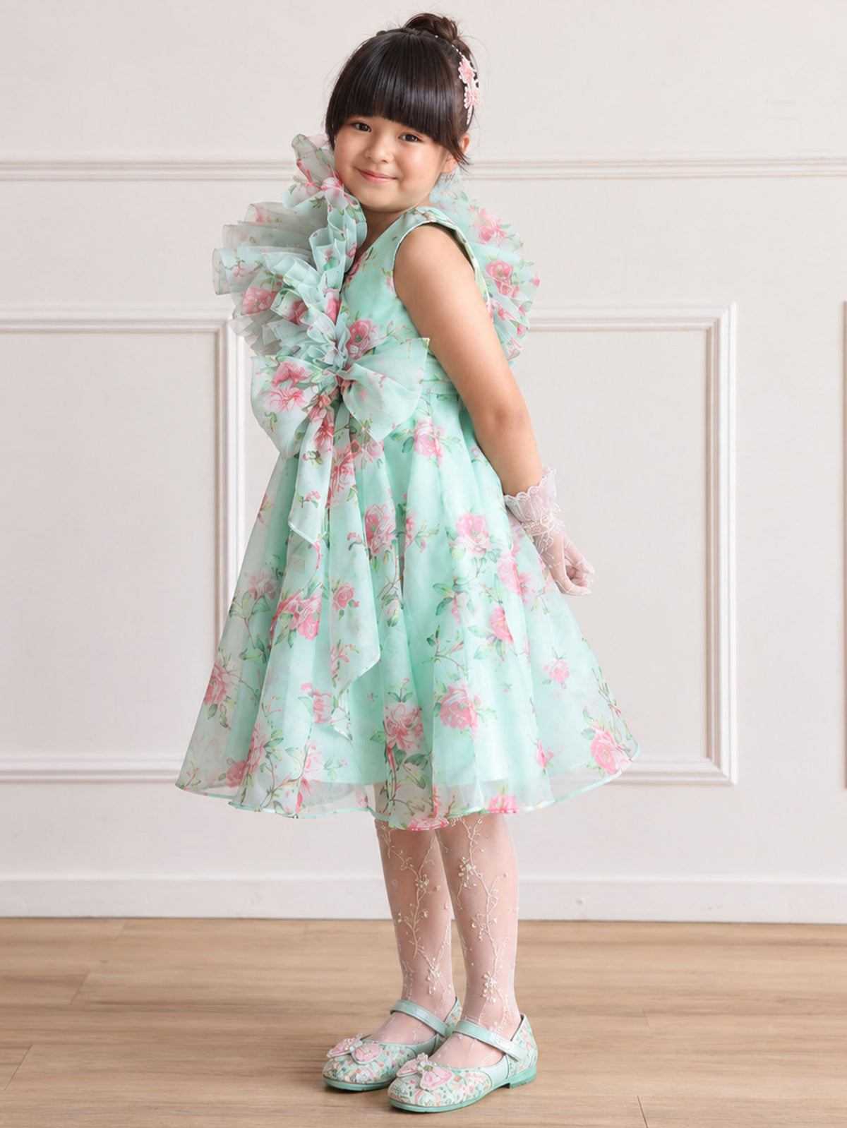Girls Whimsy Floral Green Ruffle Bow Party Dress