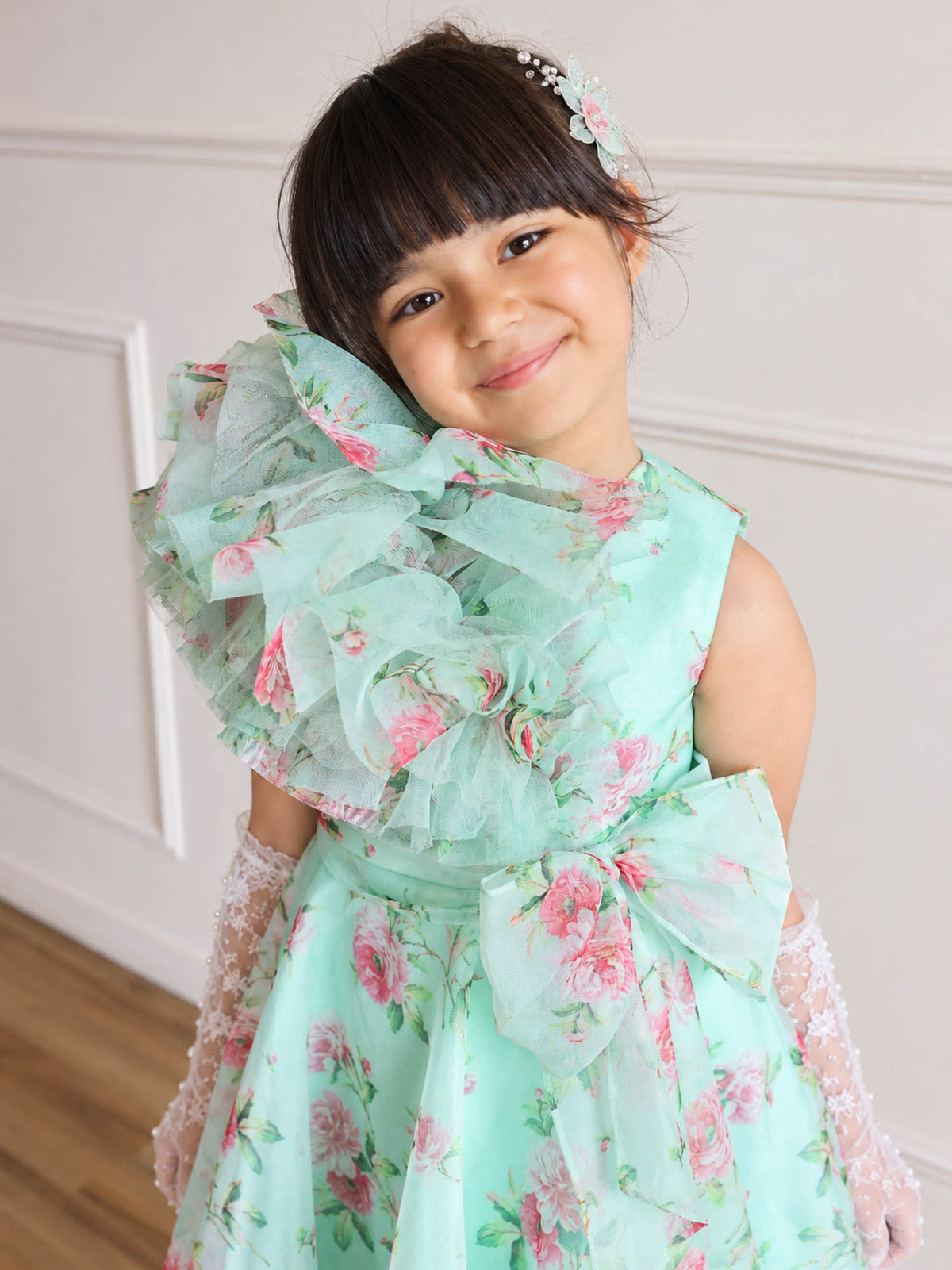 Girls Whimsy Floral Green Ruffle Bow Party Dress