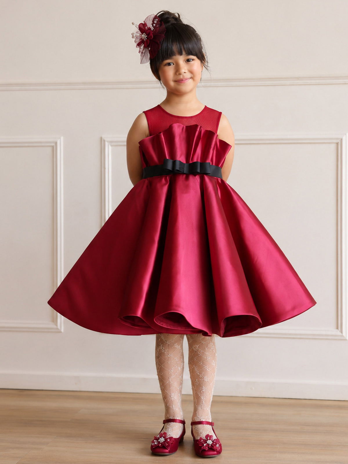 Girls Wine Crimson Satin Flare Dress with Bow Belt