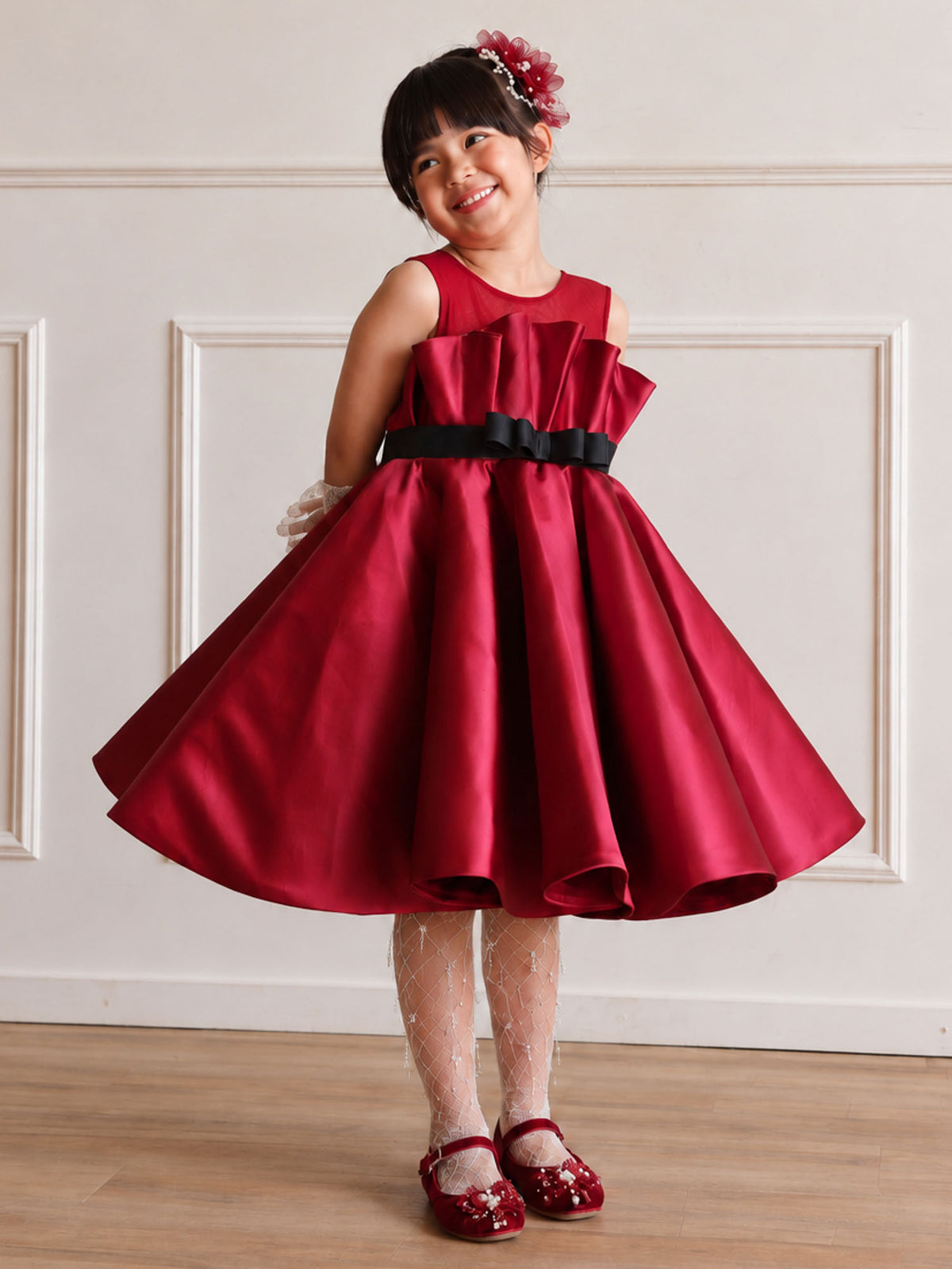 Girls Wine Crimson Satin Flare Dress with Bow Belt