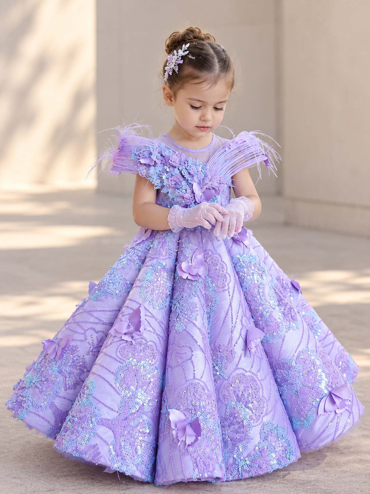 Girls Lavender Sequins Scallop Gown