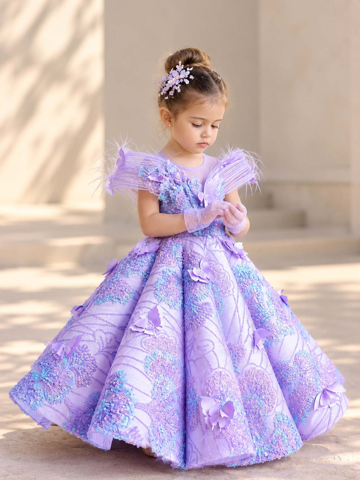 Girls Lavender Sequins Scallop Gown