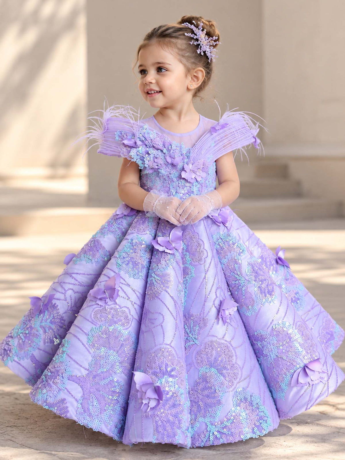 Girls Lavender Sequins Scallop Gown