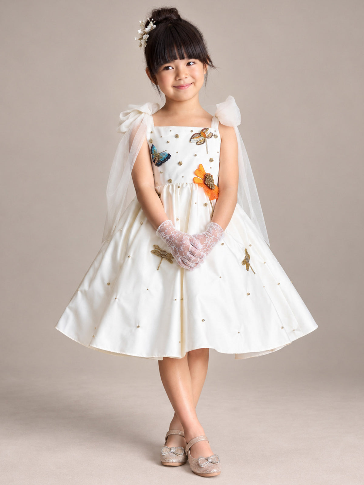 Whimsy Off-White Flower Girl Dress with Butterflies