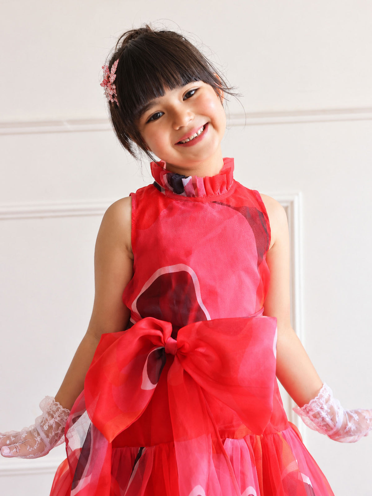 Red Abstract Print Organza High-Low Dress