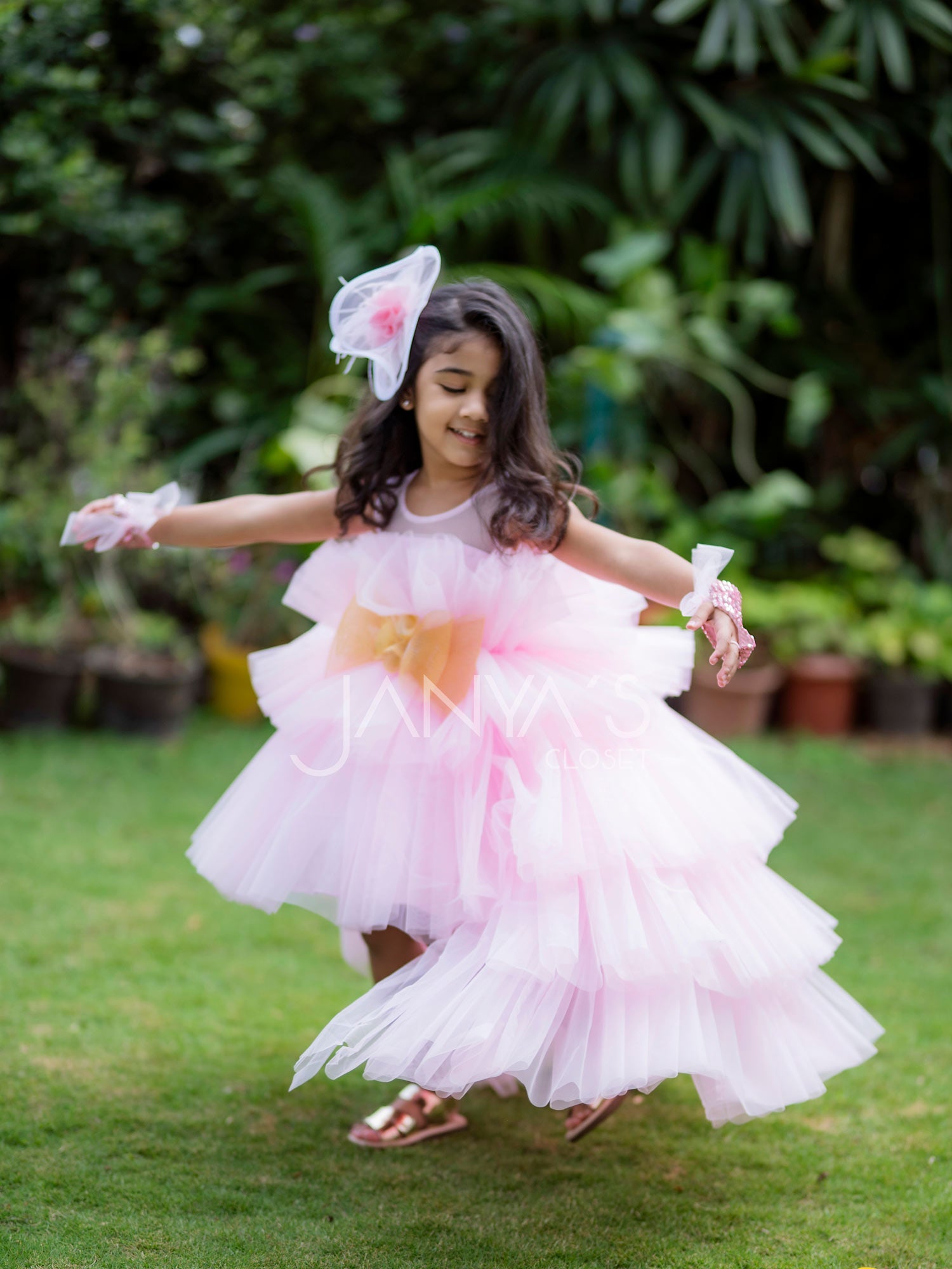 Pre Arha Pink High- Low Gown With Hair Accessory