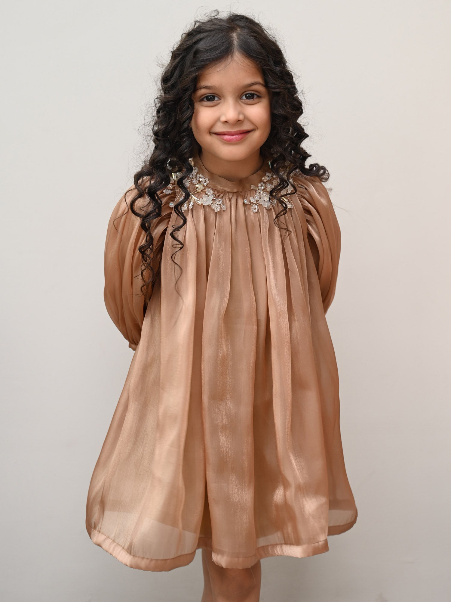 JANYAS CLOSET Metallic Gold Organza Dress with Puff Sleeves