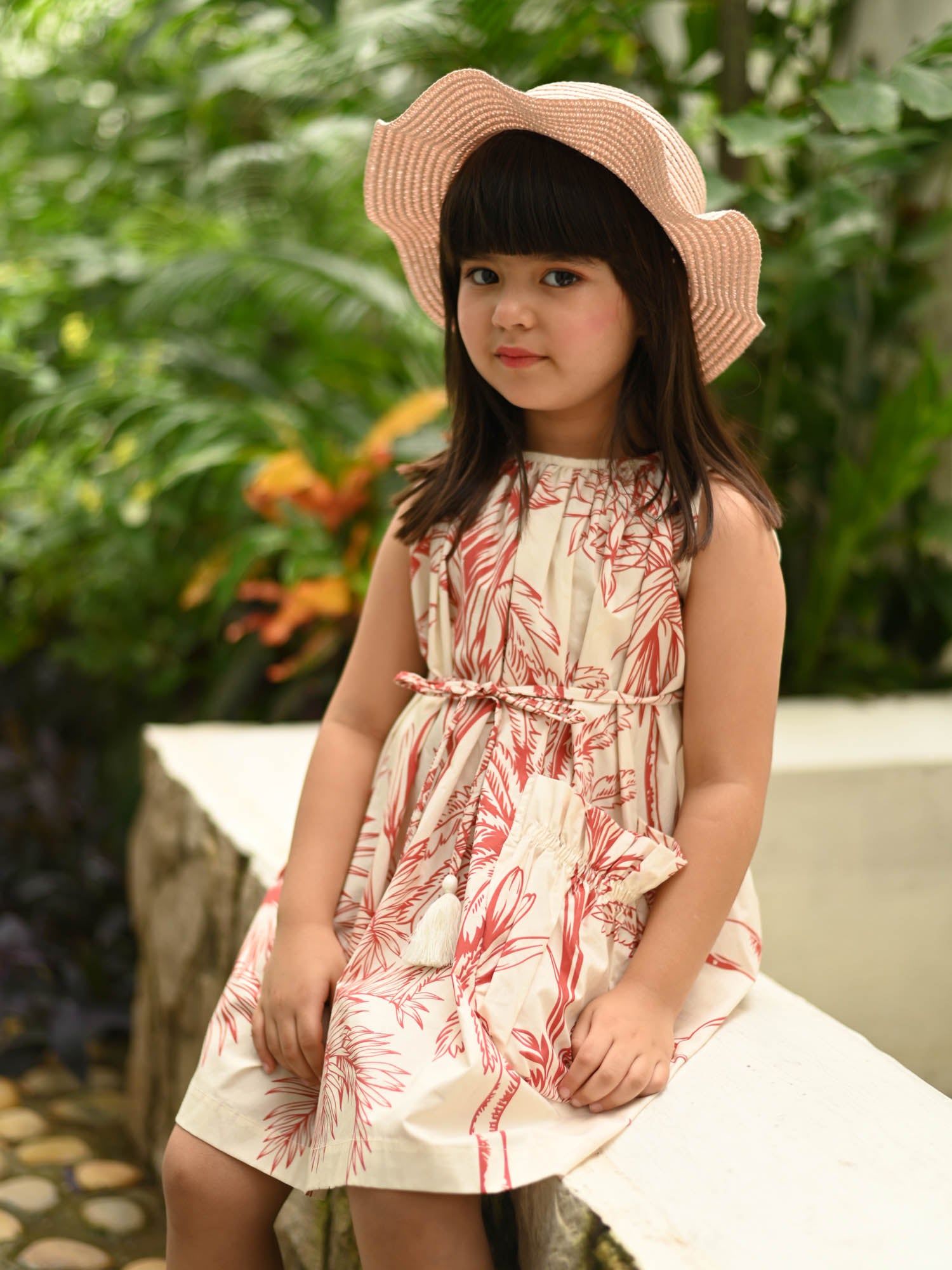 JANYAS CLOSET Red Leaf Print Cotton Dress with Belt & Pocket