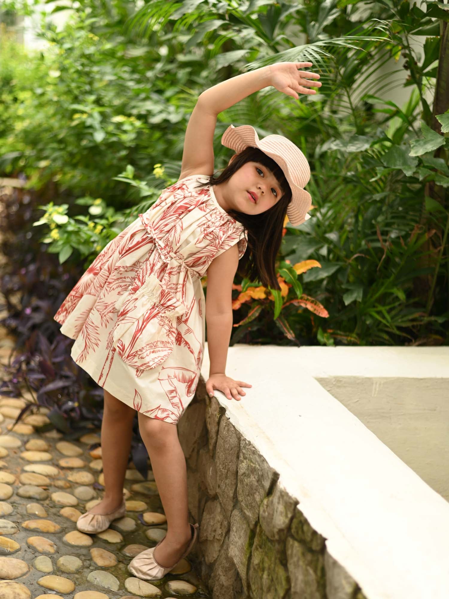 JANYAS CLOSET Red Leaf Print Cotton Dress with Belt & Pocket