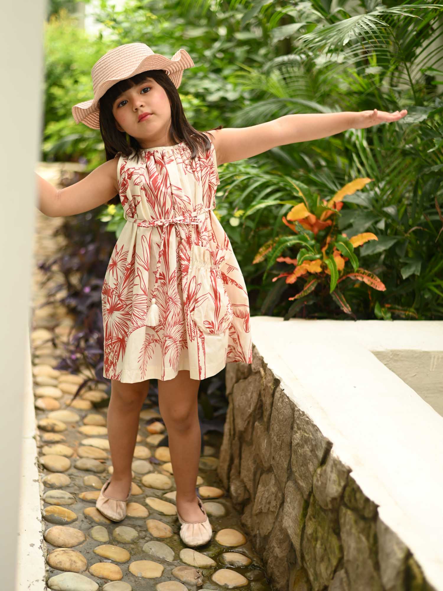 JANYAS CLOSET Red Leaf Print Cotton Dress with Belt & Pocket