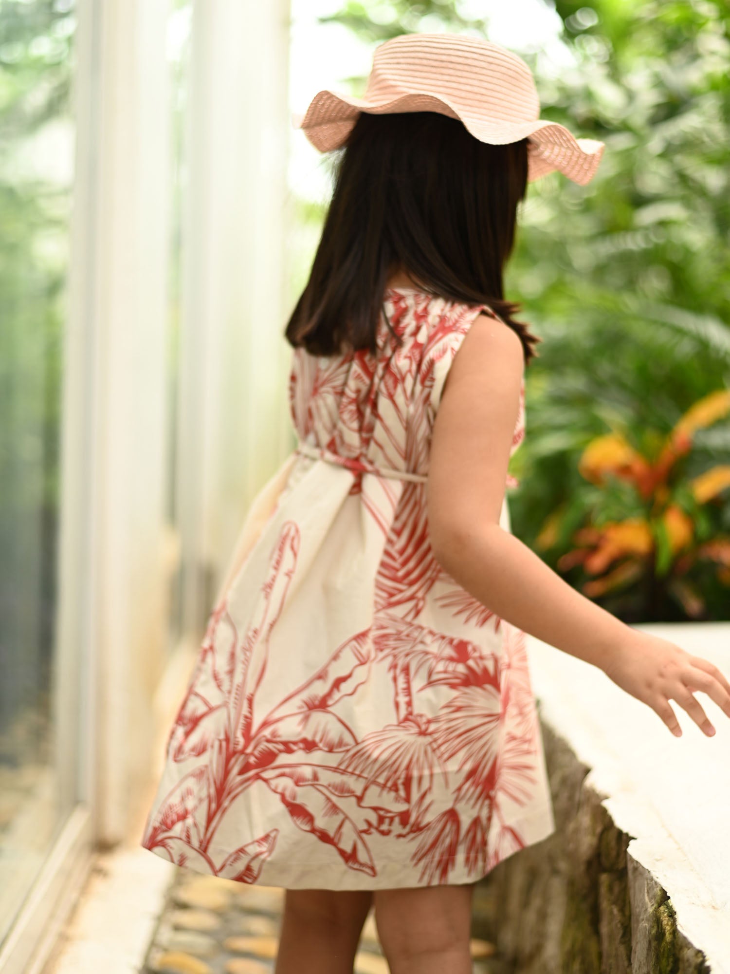 JANYAS CLOSET Red Leaf Print Cotton Dress with Belt & Pocket