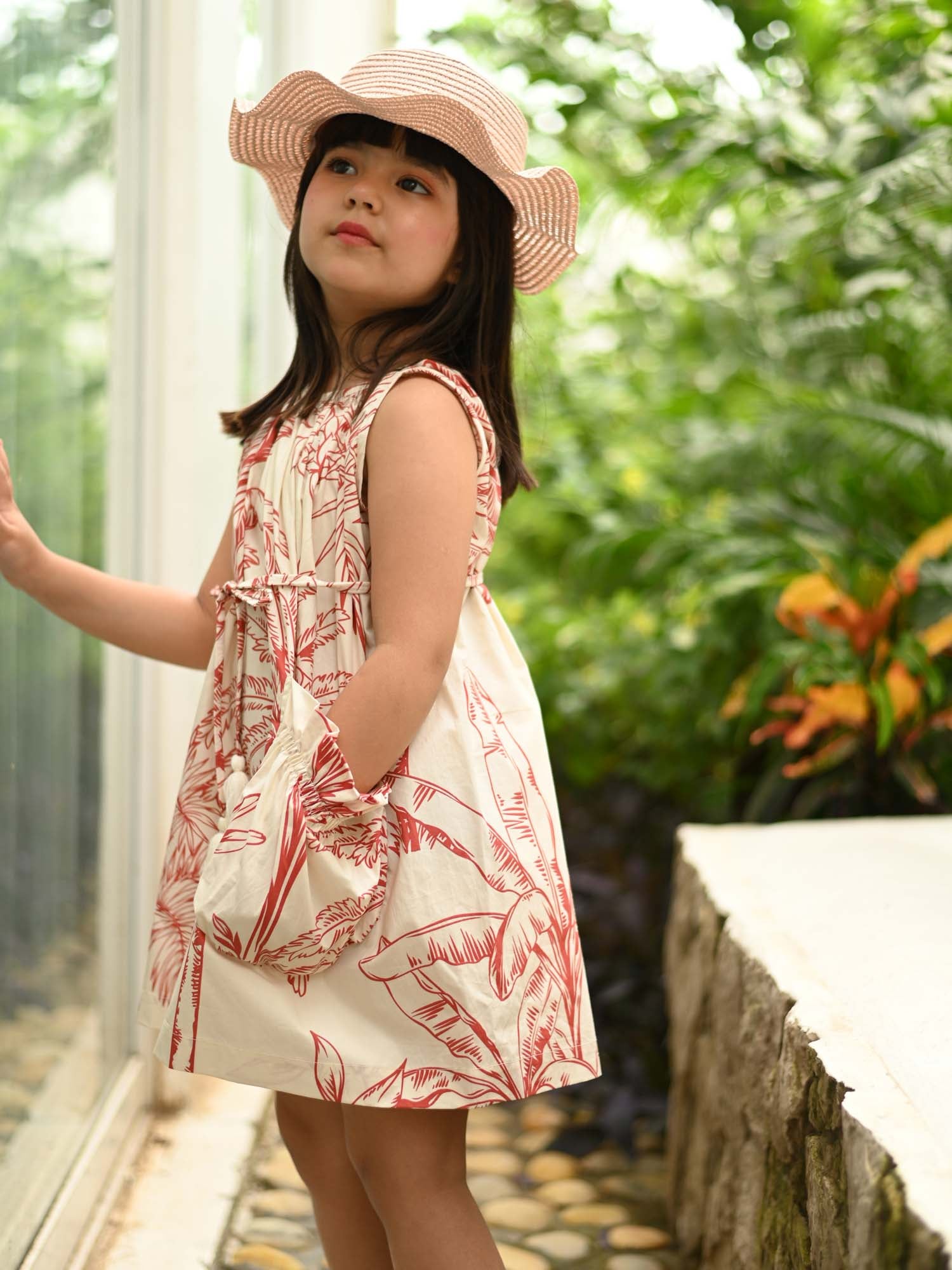 JANYAS CLOSET Red Leaf Print Cotton Dress with Belt & Pocket