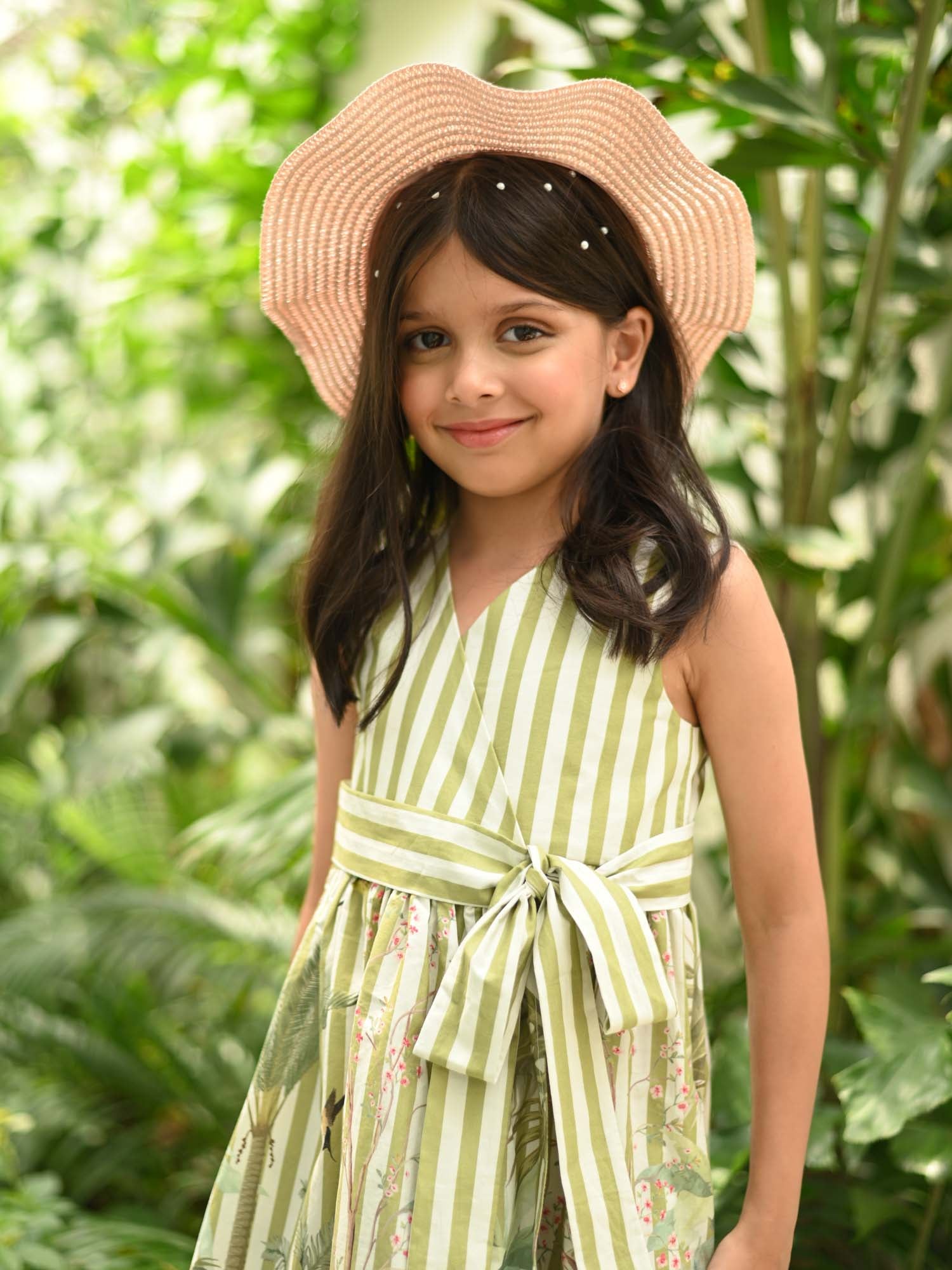 JANYAS CLOSET Green Striped Cotton Dress with Belt & Floral Print