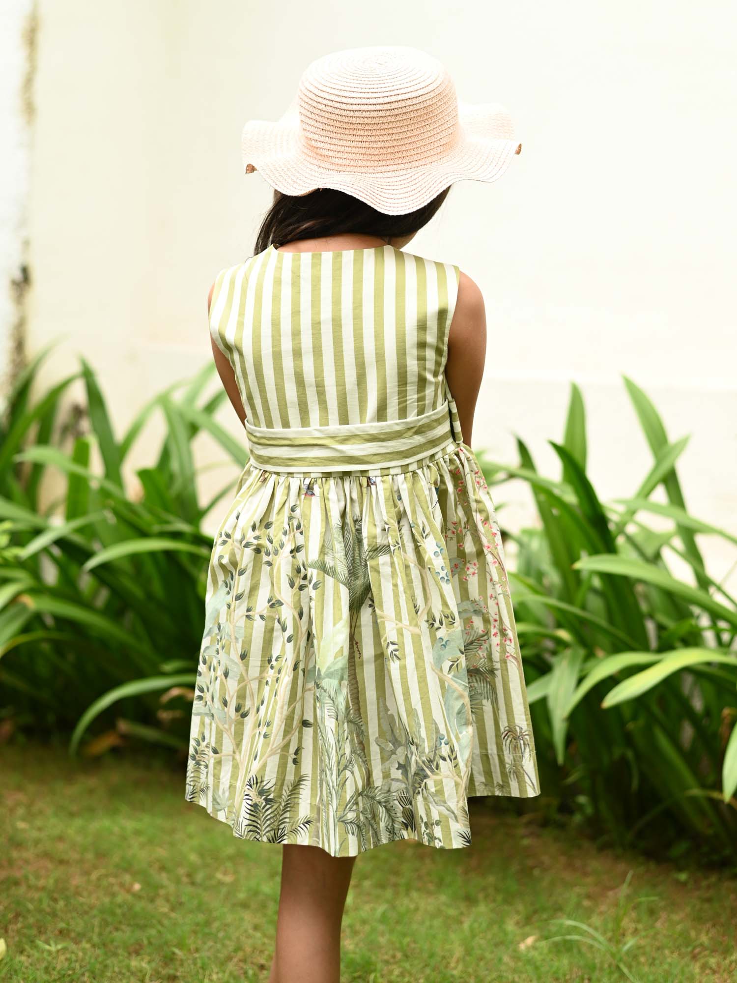 JANYAS CLOSET Green Striped Cotton Dress with Belt & Floral Print