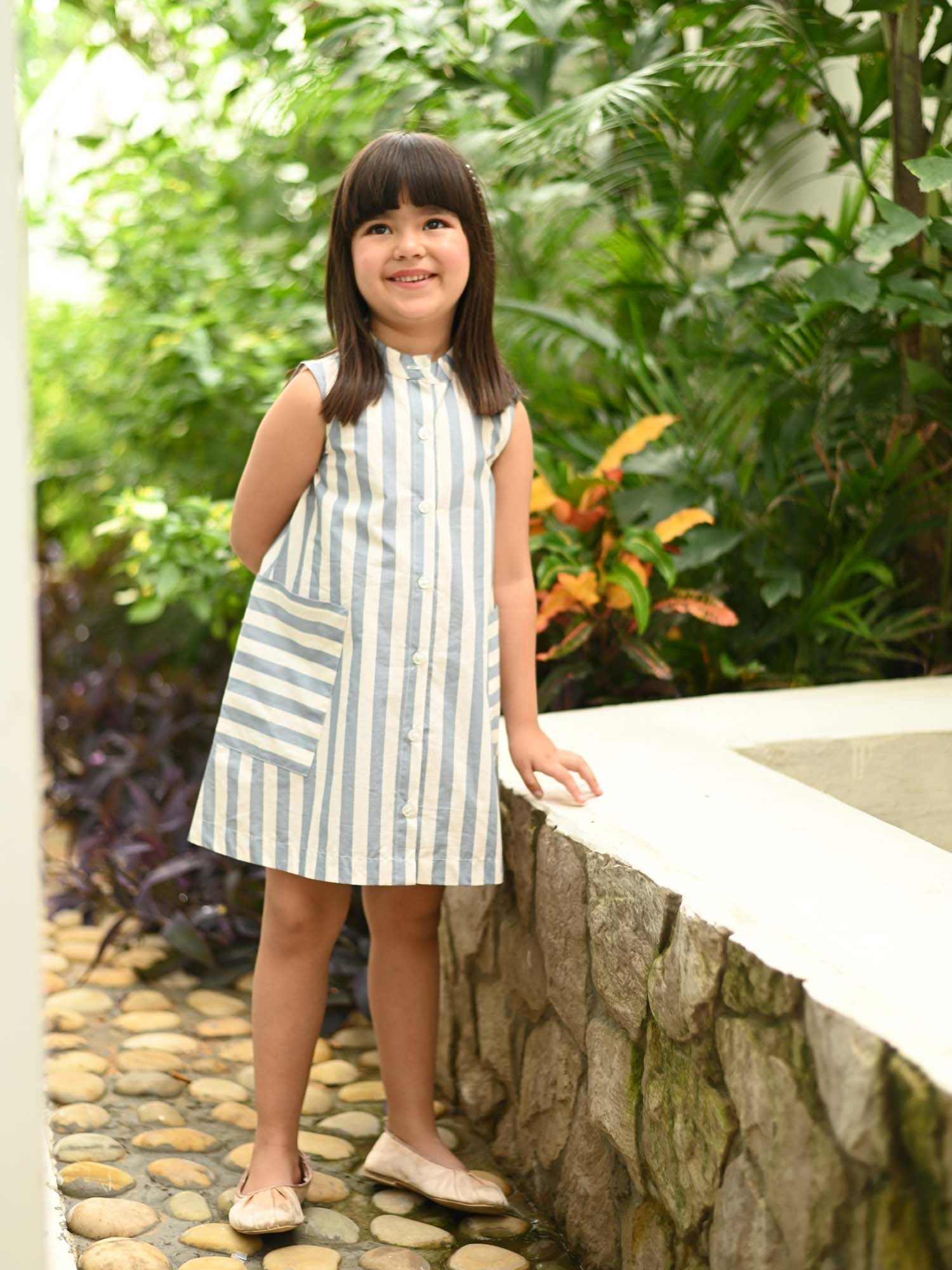 JANYAS CLOSET Blue Striped Cotton Shirt Dress with Pockets