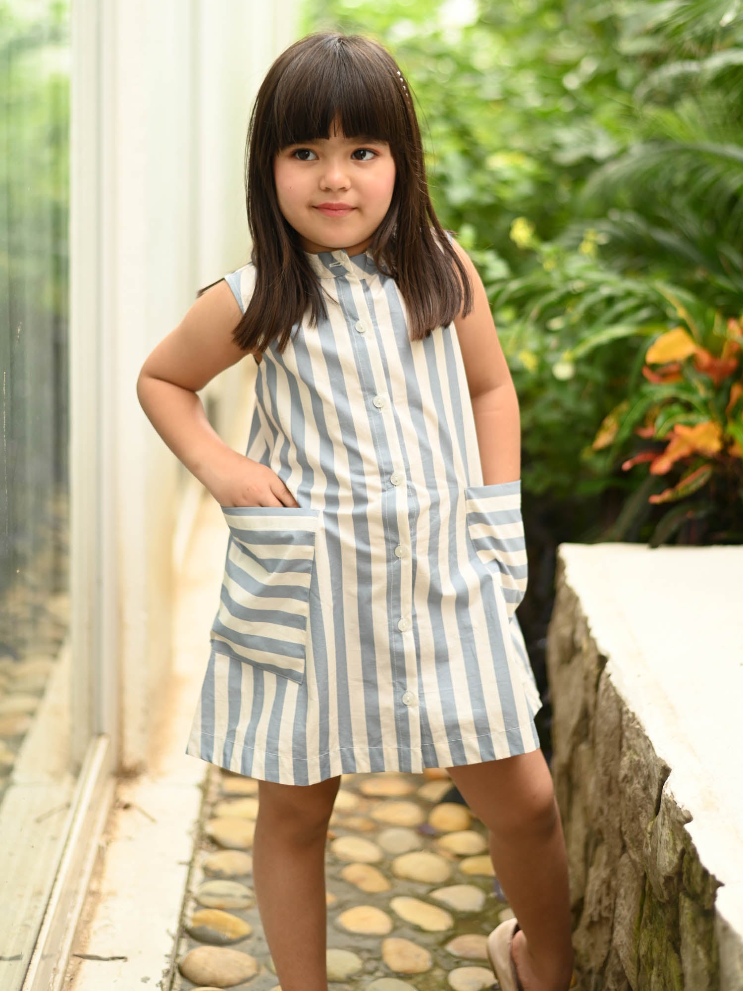 JANYAS CLOSET Blue Striped Cotton Shirt Dress with Pockets