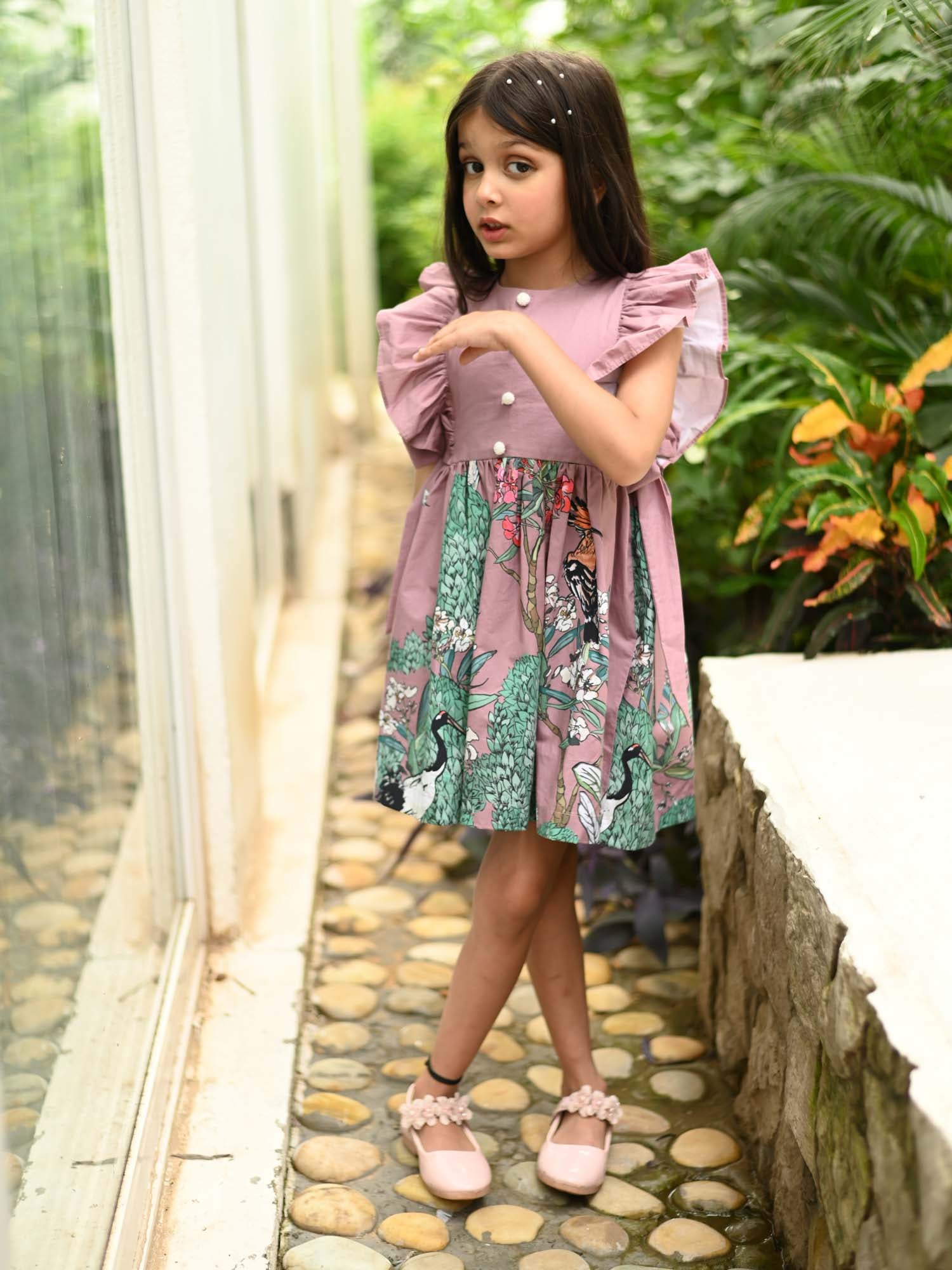 JANYAS CLOSET Mauve Safari Garden Printed Cotton Dress