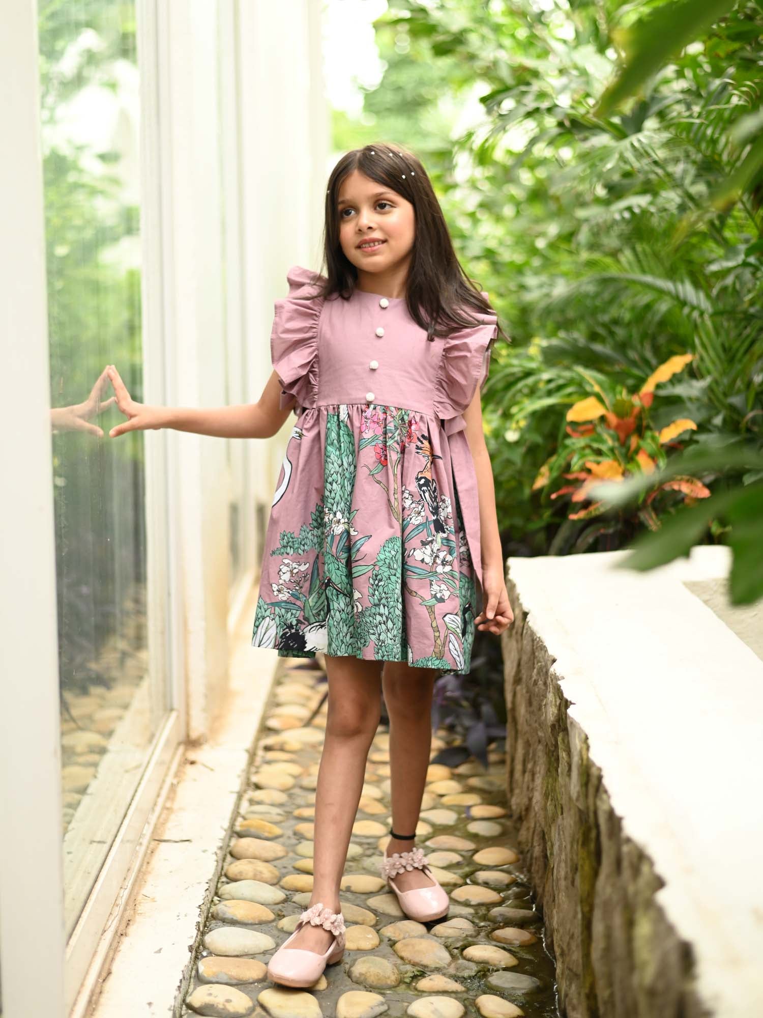 JANYAS CLOSET Mauve Safari Garden Printed Cotton Dress