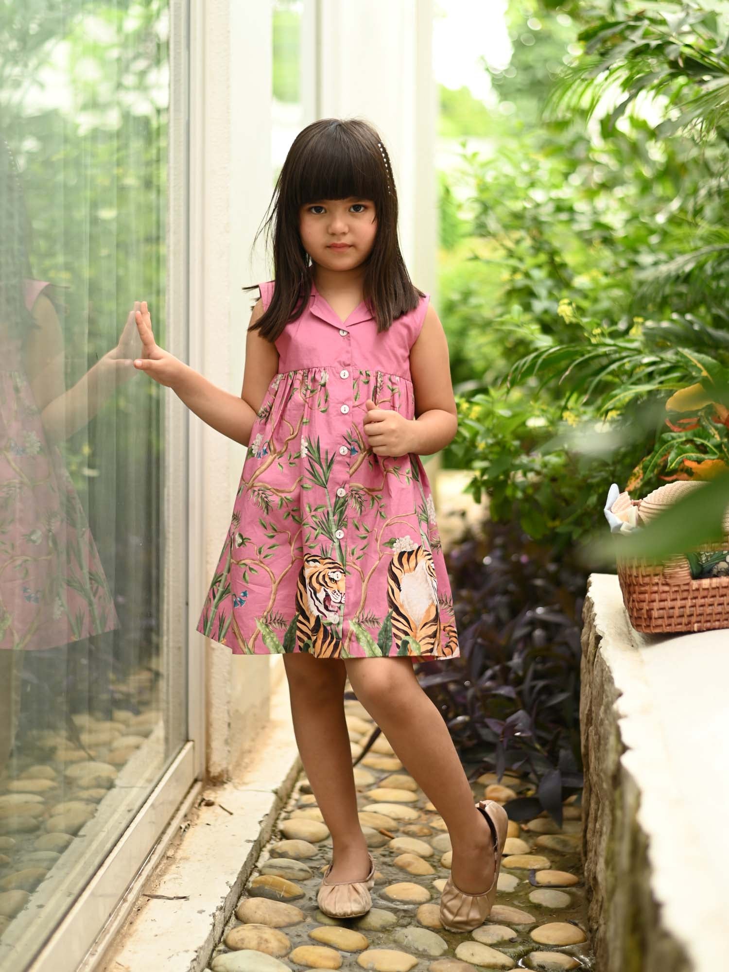 JANYAS CLOSET Mauve Tiger Garden Printed Cotton Dress