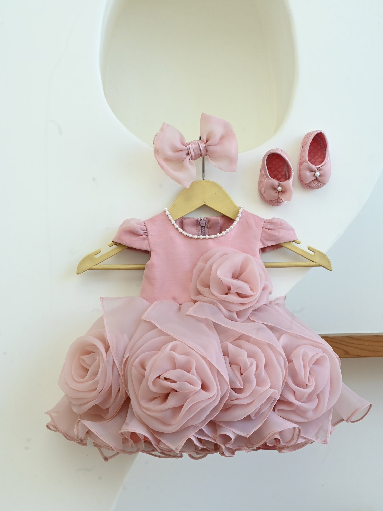 Janyas Closet Mauve Hankie Draped Newborn Party Dress with Booties & Bow