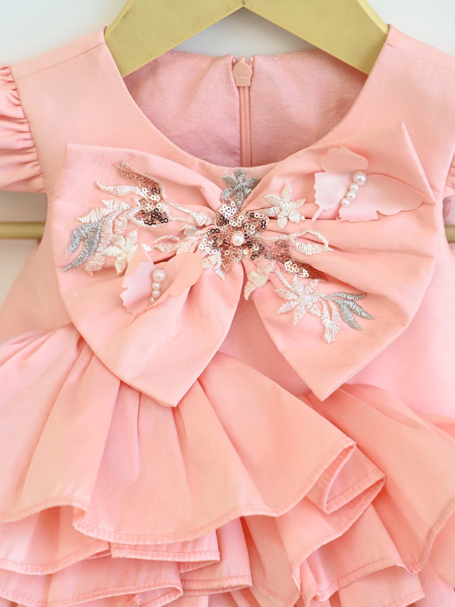 JANYAS CLOSET New Born Peach Taffeta Ruffle Dress with Bow