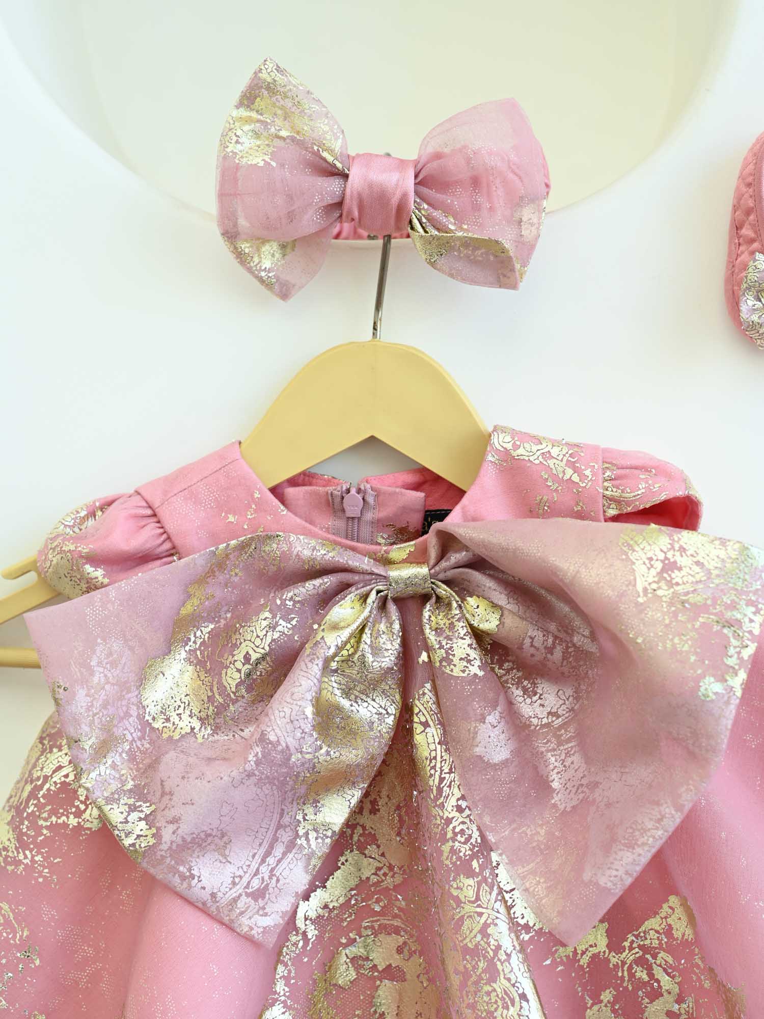 JANYAS CLOSET New Born Pink Foil Organza Bow Dress