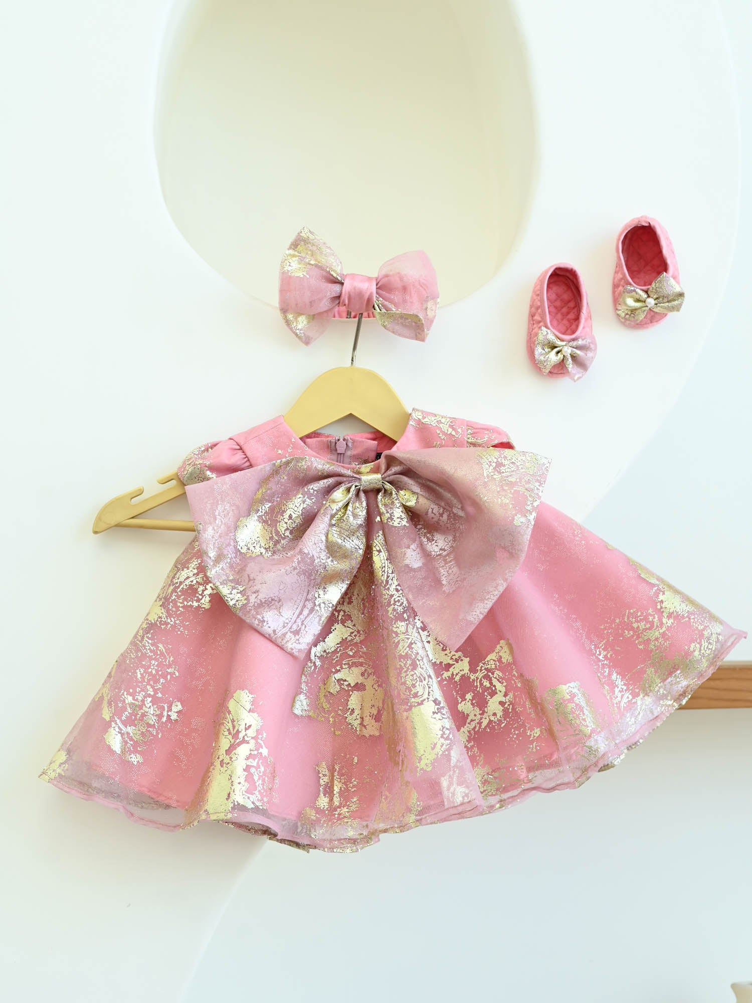 JANYAS CLOSET New Born Pink Foil Organza Bow Dress