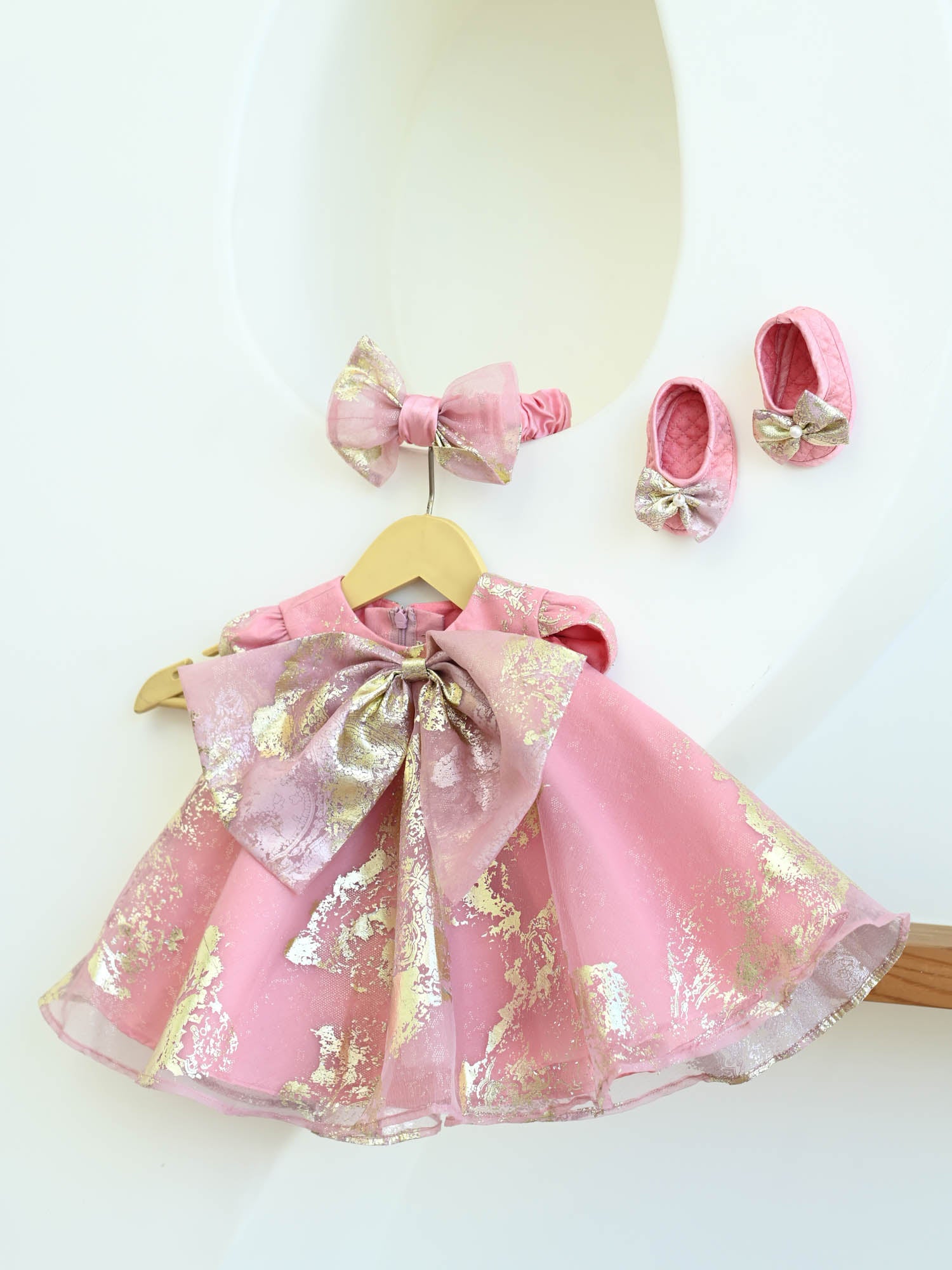 JANYAS CLOSET New Born Pink Foil Organza Bow Dress