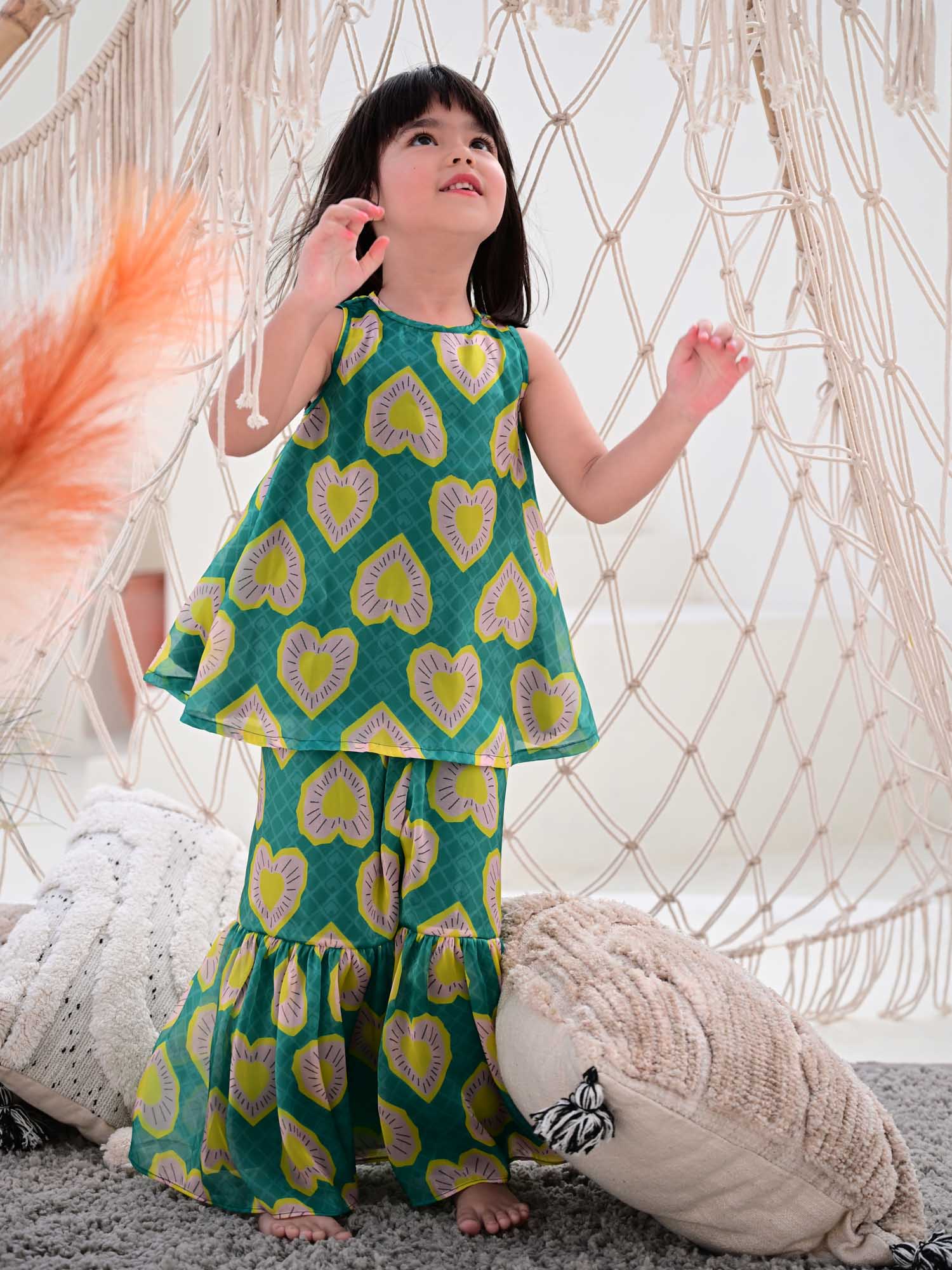 JANYAS CLOSET Heart Print Green Sharara Set for Girls