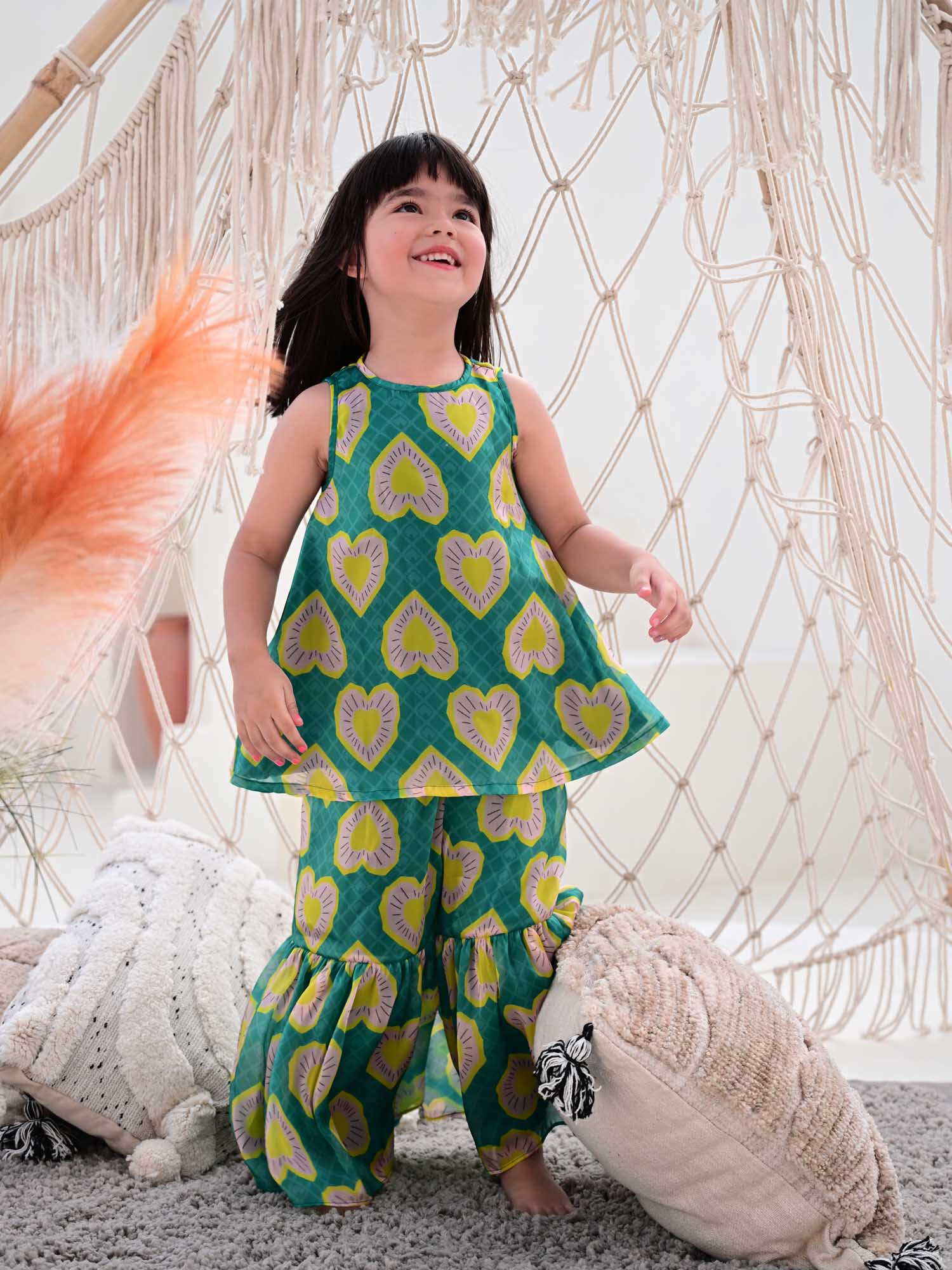 JANYAS CLOSET Heart Print Green Sharara Set for Girls
