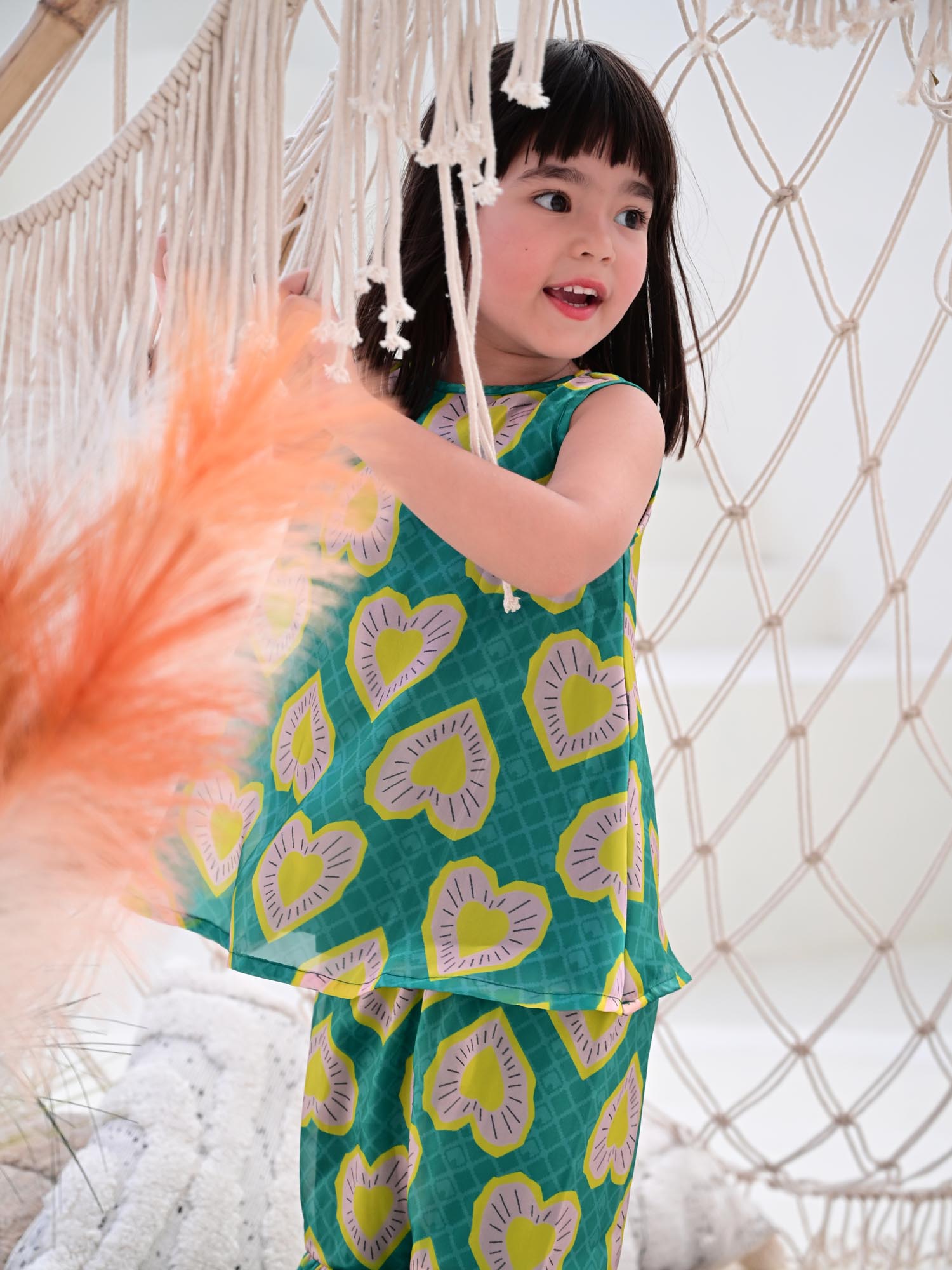 JANYAS CLOSET Heart Print Green Sharara Set for Girls