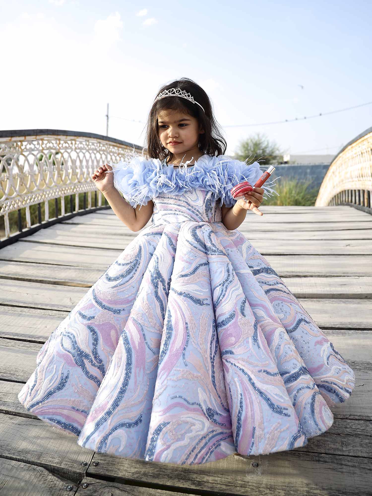 Sample Aqua Blue Sammi Birthday Gown with hair accessory