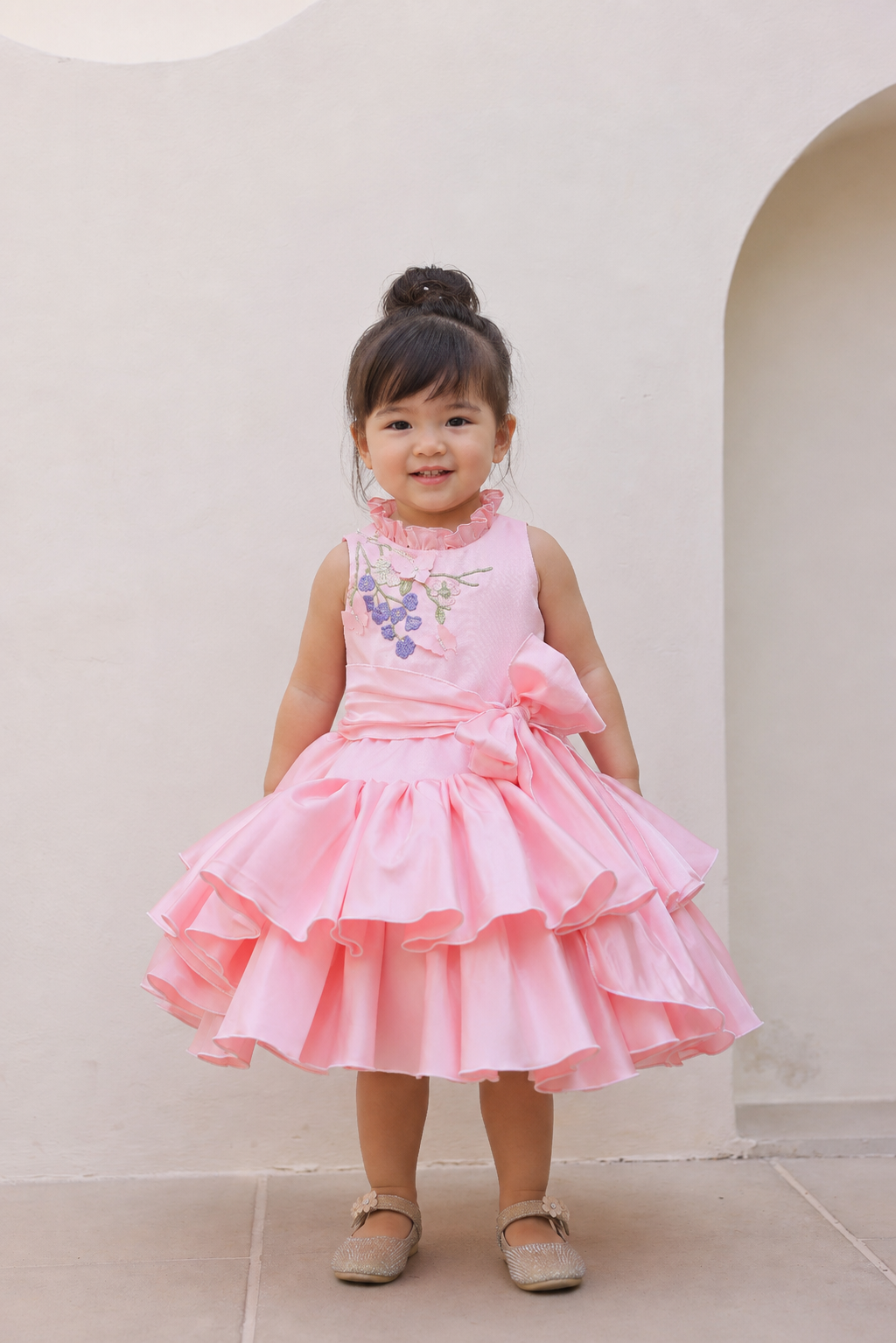 JANYAS CLOSET Blush Pink 3D Flower Satin Ruffle Party Dress