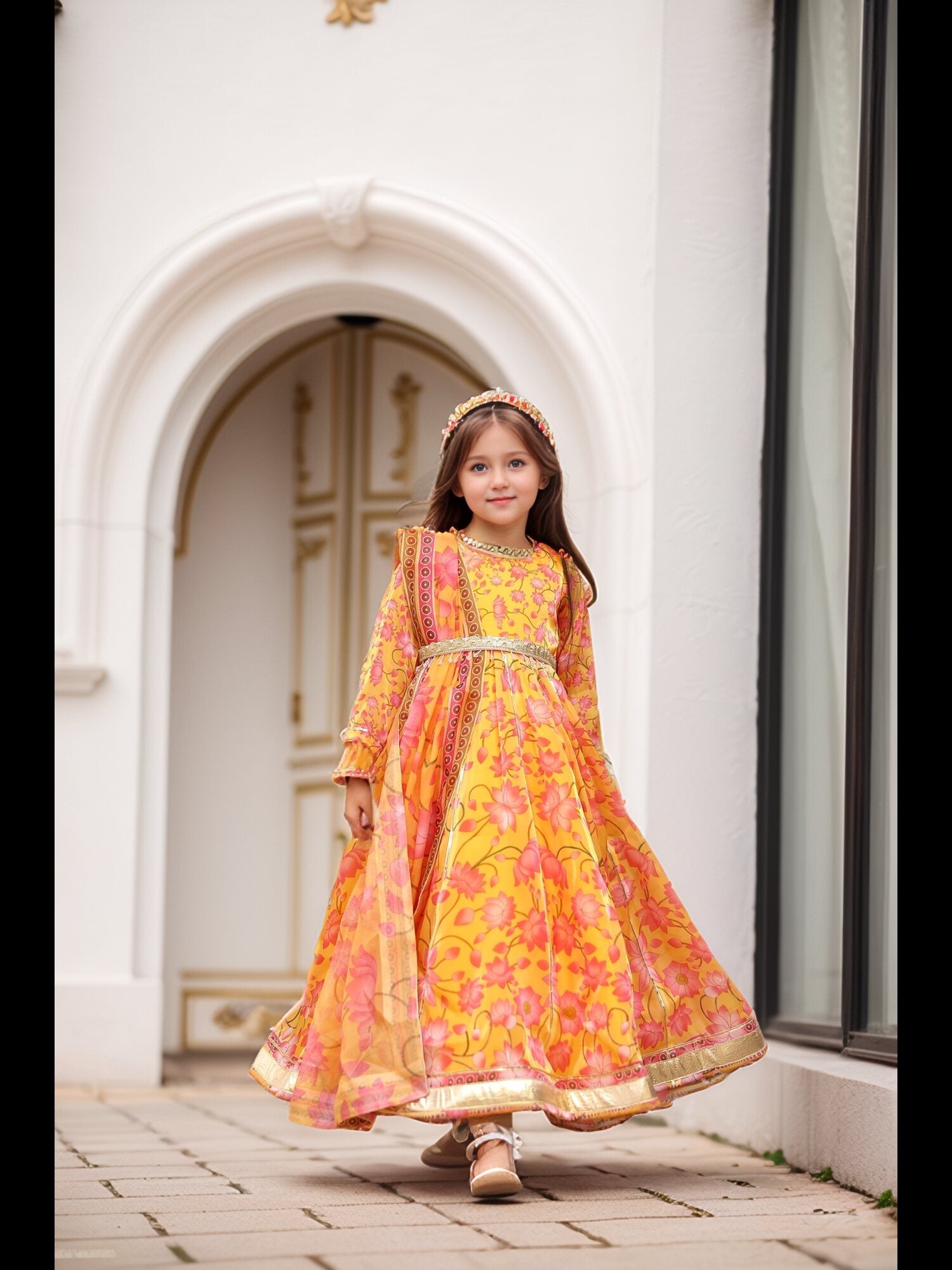 Sample Yellow Lotus Print Anarkali Gown with Dupatta