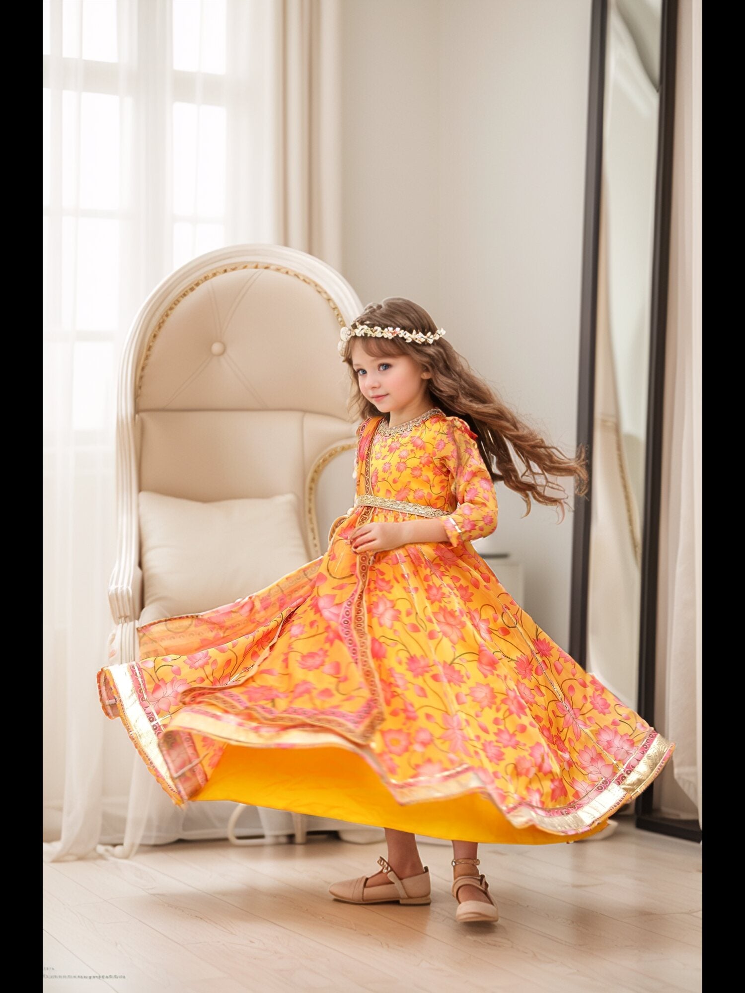 Sample Yellow Lotus Print Anarkali Gown with Dupatta