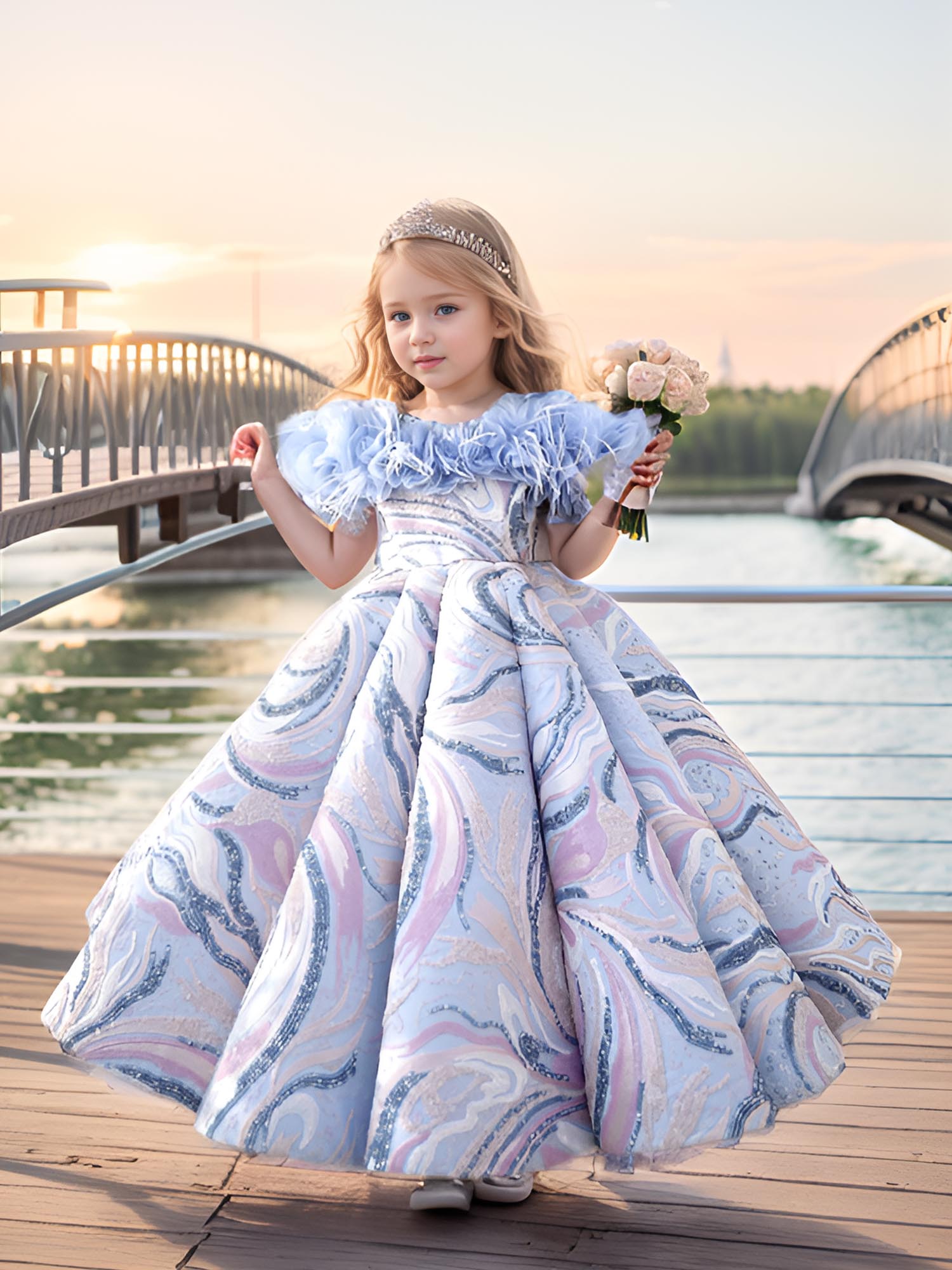 Sample Aqua Blue Sammi Birthday Gown with hair accessory