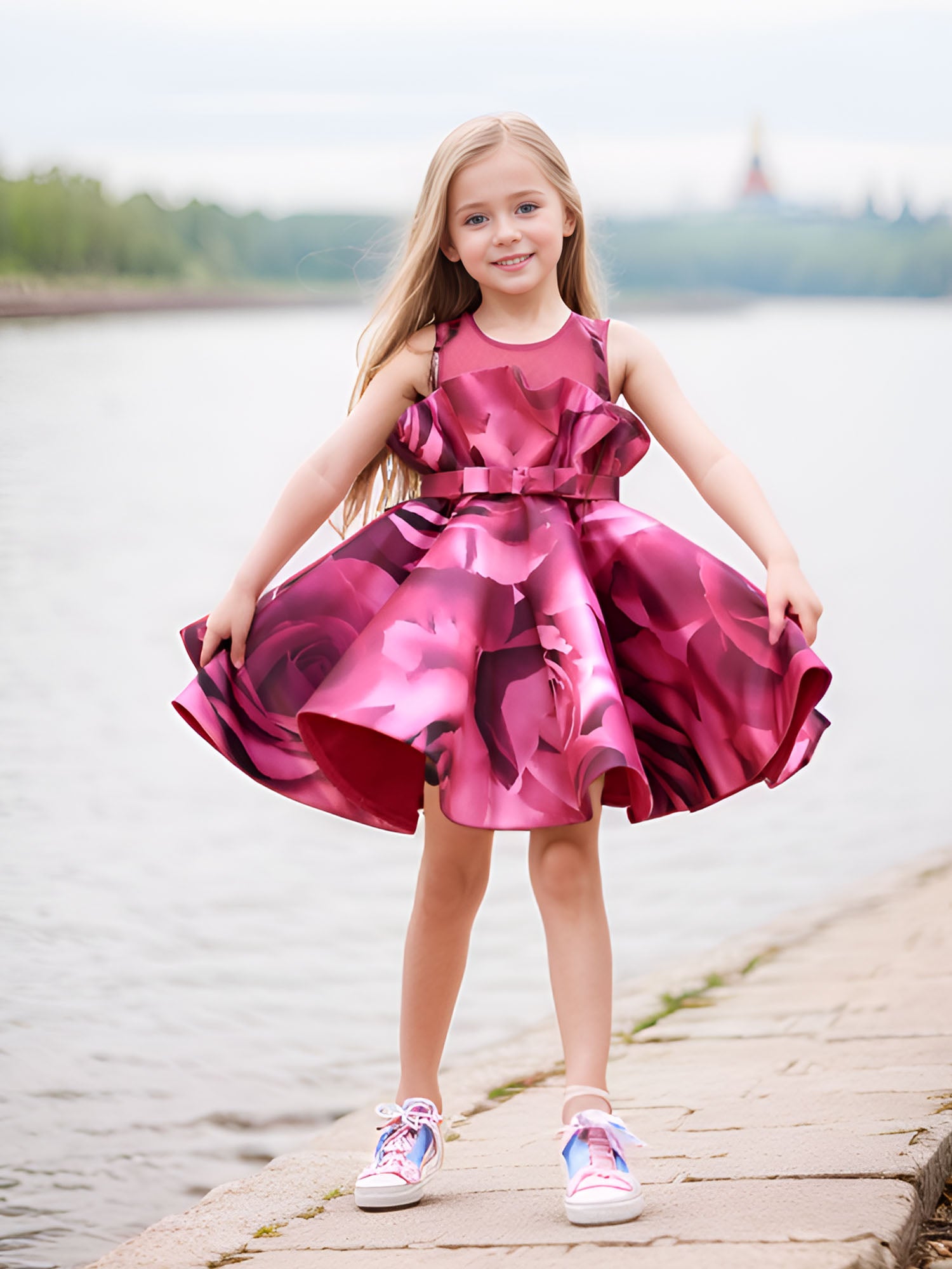 JANYAS CLOSET Charming Wine Rose Print Dress for Girls