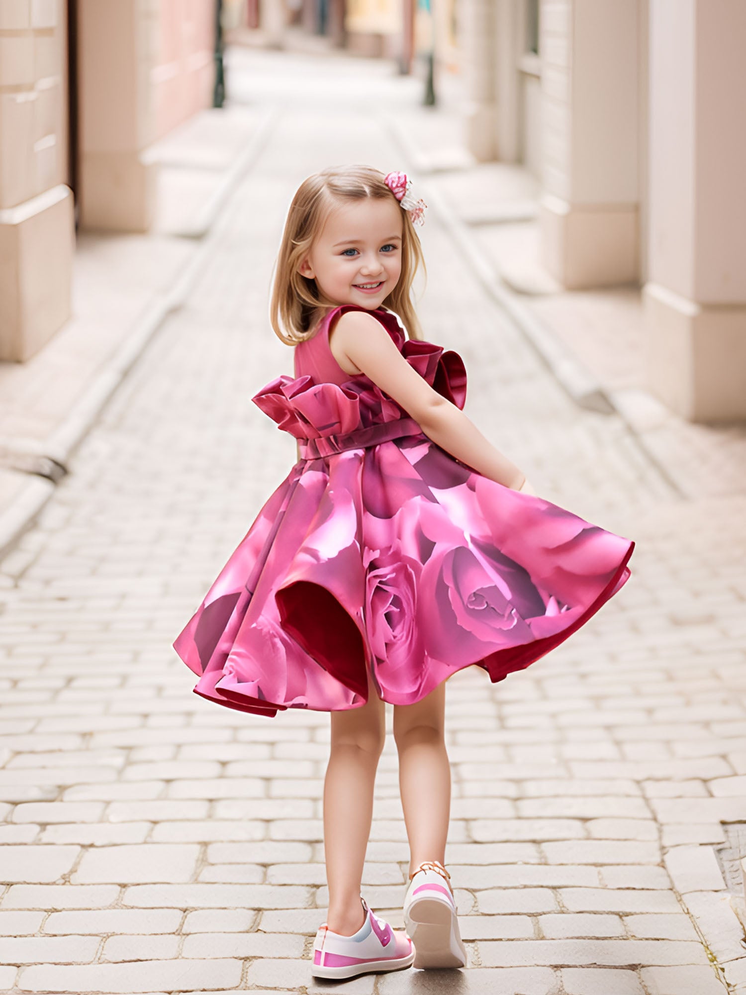 JANYAS CLOSET Charming Wine Rose Print Dress for Girls