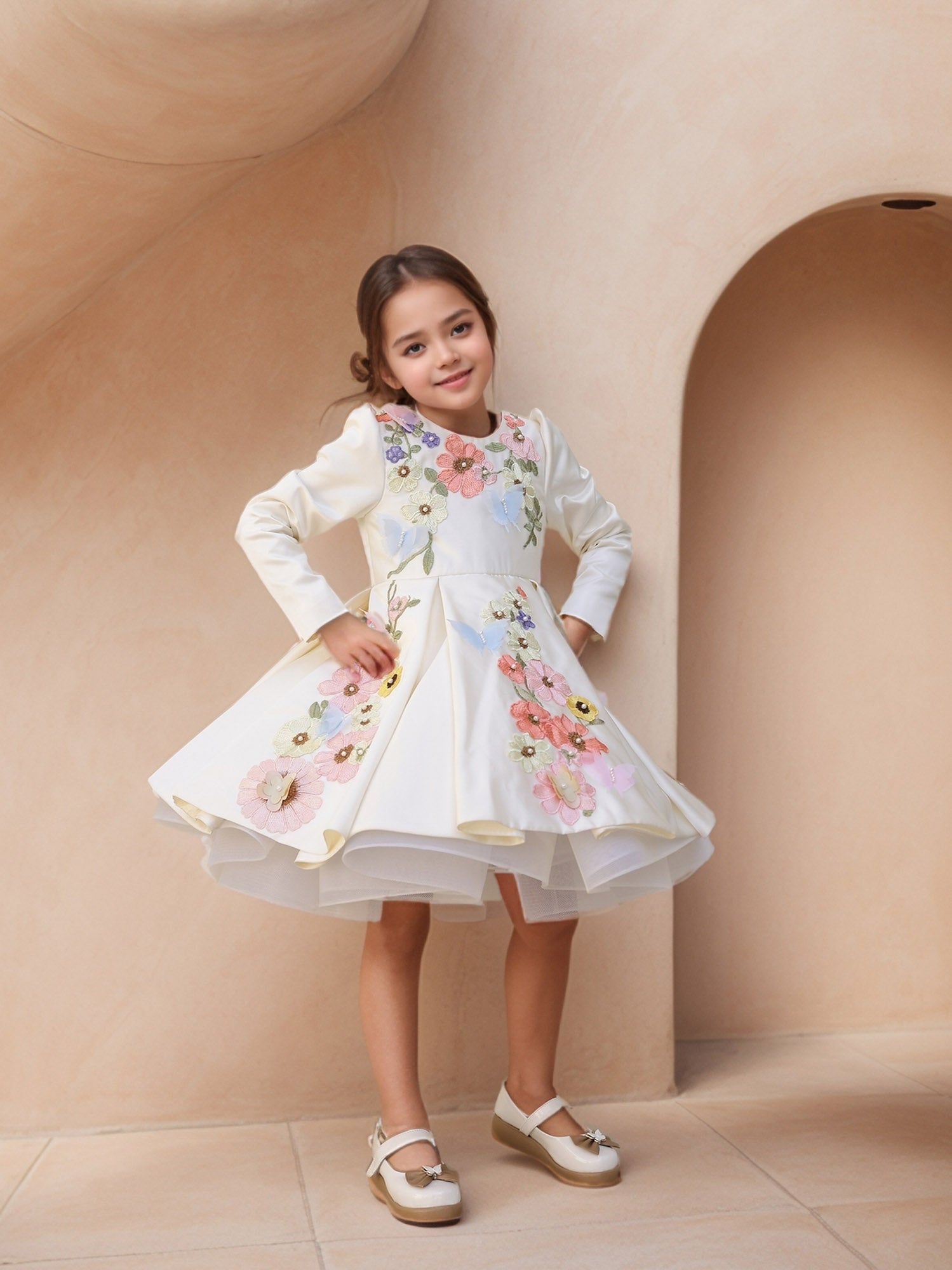 JANYAS CLOSET Off White Satin Dream Flower Dress With Sleeves